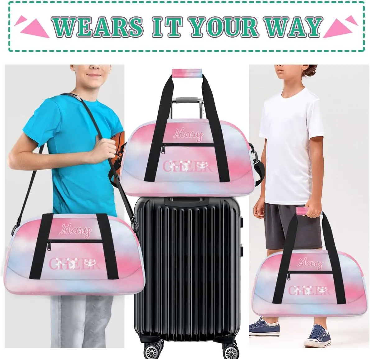 Personalized Cheer Bag Girl Sport Duffel Bag, Custom Kids Gym Bag, Customize Travel Duffle Bag with Name, Overnight Weekender Bags,Lightblue Pink Gradient, Cheerleading Gifts