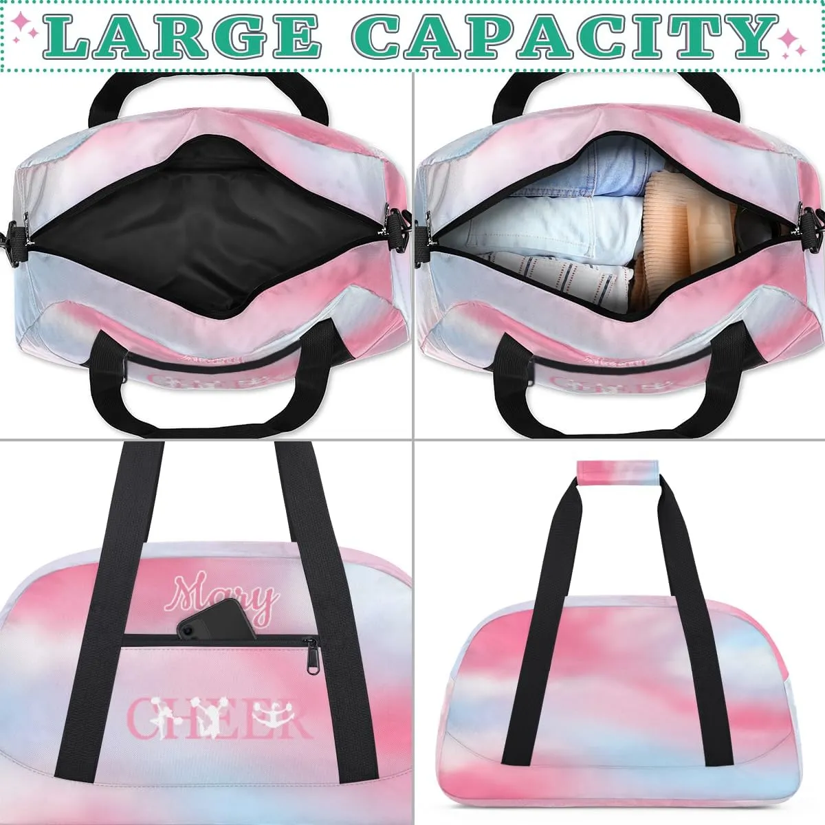 Personalized Cheer Bag Girl Sport Duffel Bag, Custom Kids Gym Bag, Customize Travel Duffle Bag with Name, Overnight Weekender Bags,Lightblue Pink Gradient, Cheerleading Gifts