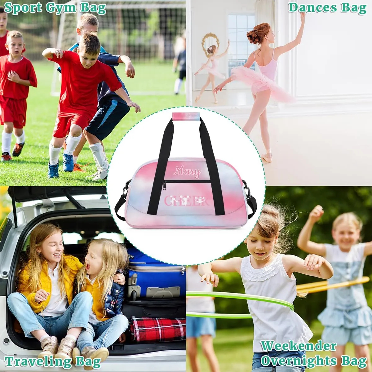 Personalized Cheer Bag Girl Sport Duffel Bag, Custom Kids Gym Bag, Customize Travel Duffle Bag with Name, Overnight Weekender Bags,Lightblue Pink Gradient, Cheerleading Gifts