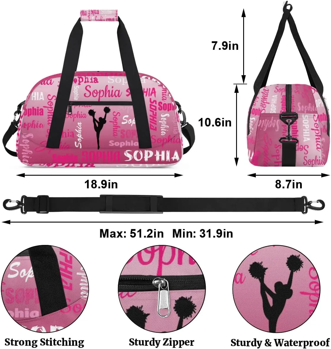 Personalized Cheer Bag Name Dance Bag Gymnastics Bags, Custom Cheerleader Sport Duffel Gym Bags Travel Overnight Weekender Bags, Dark Pink Gradient