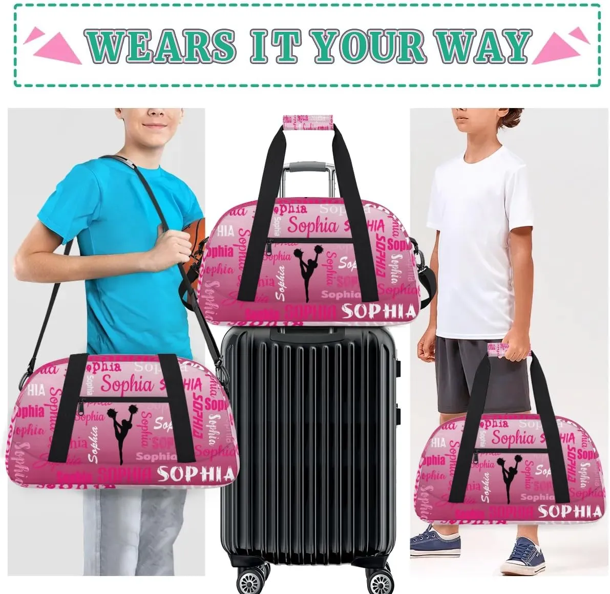 Personalized Cheer Bag Name Dance Bag Gymnastics Bags, Custom Cheerleader Sport Duffel Gym Bags Travel Overnight Weekender Bags, Dark Pink Gradient