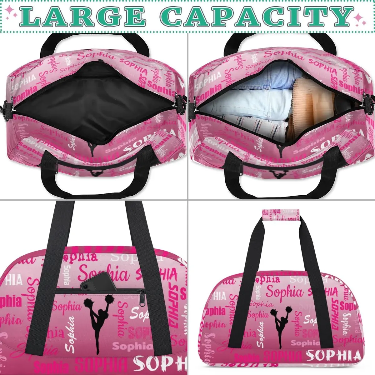 Personalized Cheer Bag Name Dance Bag Gymnastics Bags, Custom Cheerleader Sport Duffel Gym Bags Travel Overnight Weekender Bags, Dark Pink Gradient