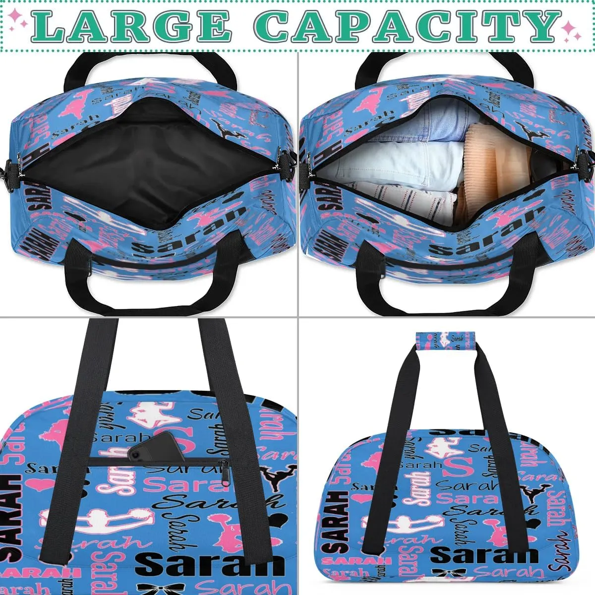 Personalized Cheer Bag, Name Dance Bag Gymnastics Bags, Custom Sport Duffel Gym Bags Travel Overnight Weekender Bags, Blue Ballet Bags