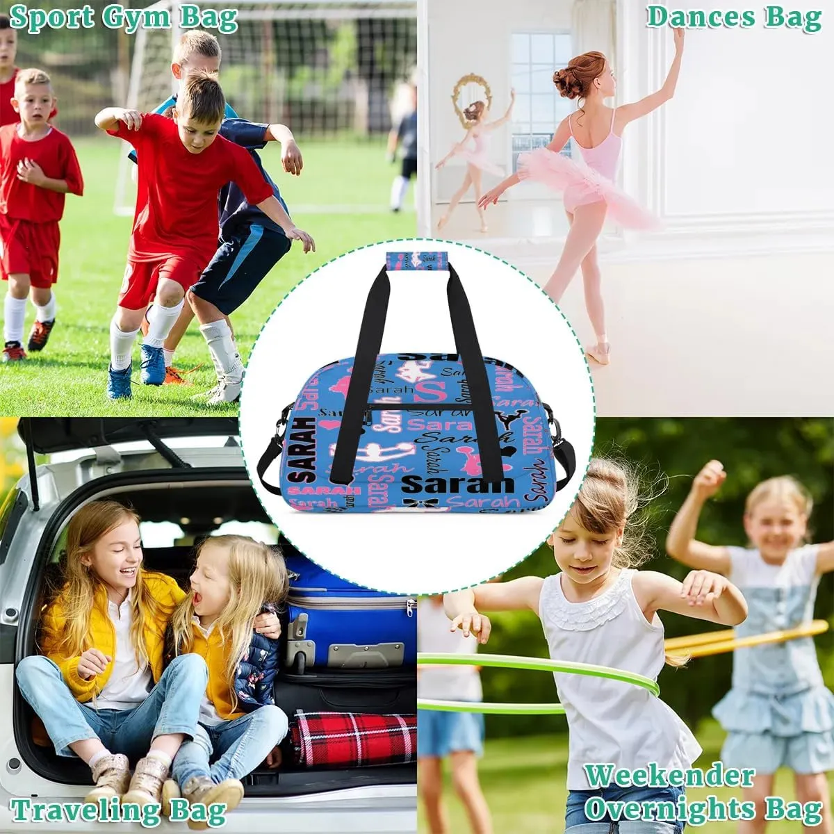 Personalized Cheer Bag, Name Dance Bag Gymnastics Bags, Custom Sport Duffel Gym Bags Travel Overnight Weekender Bags, Blue Ballet Bags
