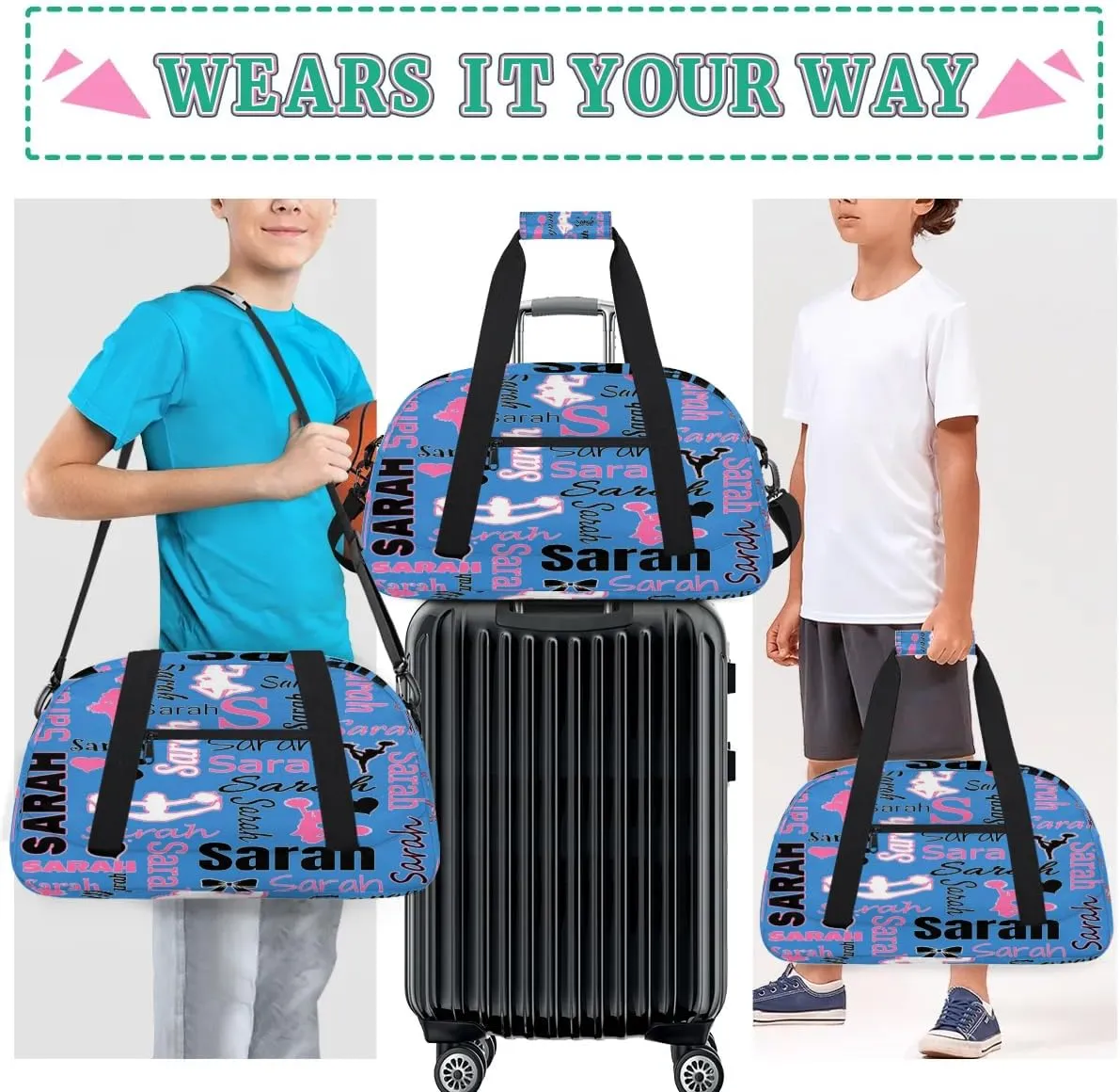Personalized Cheer Bag, Name Dance Bag Gymnastics Bags, Custom Sport Duffel Gym Bags Travel Overnight Weekender Bags, Blue Ballet Bags