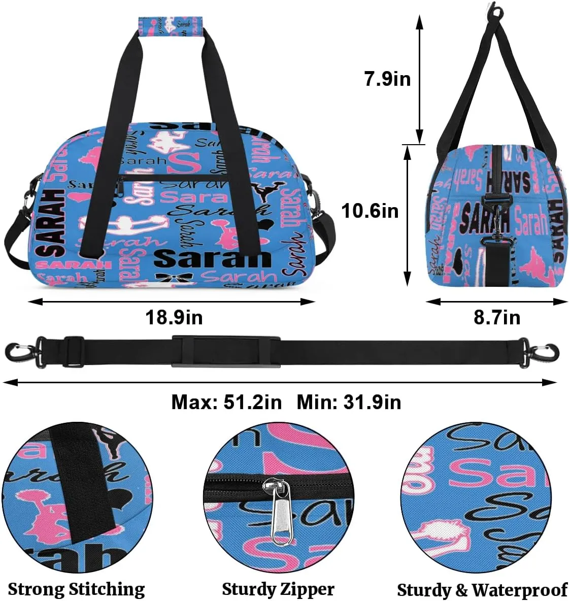 Personalized Cheer Bag, Name Dance Bag Gymnastics Bags, Custom Sport Duffel Gym Bags Travel Overnight Weekender Bags, Blue Ballet Bags