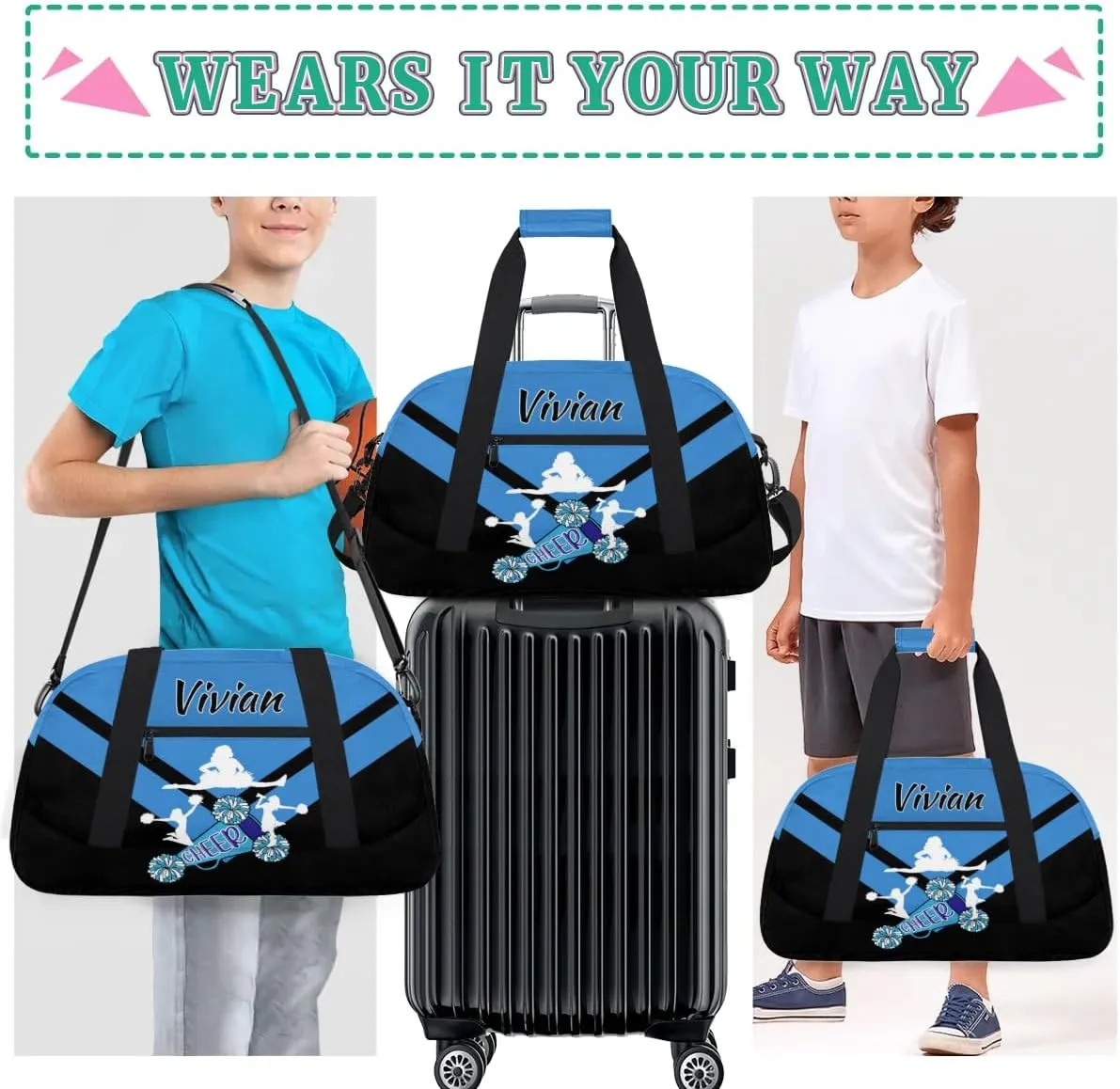 Personalized Cheer Duffel Bags Custom Name Sport Bag, Custom Cheerleader Gym Bag, Customize Travel Duffle Bag, Overnight Weekender Bags, Cheerleading Gifts, Blue