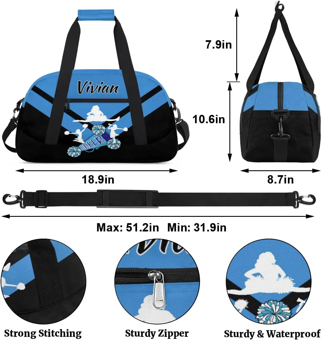 Personalized Cheer Duffel Bags Custom Name Sport Bag, Custom Cheerleader Gym Bag, Customize Travel Duffle Bag, Overnight Weekender Bags, Cheerleading Gifts, Blue