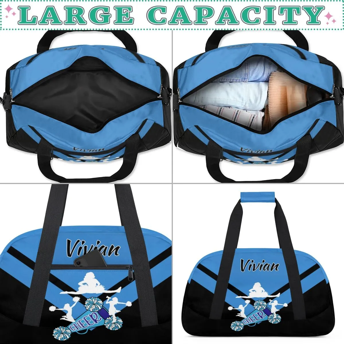 Personalized Cheer Duffel Bags Custom Name Sport Bag, Custom Cheerleader Gym Bag, Customize Travel Duffle Bag, Overnight Weekender Bags, Cheerleading Gifts, Blue