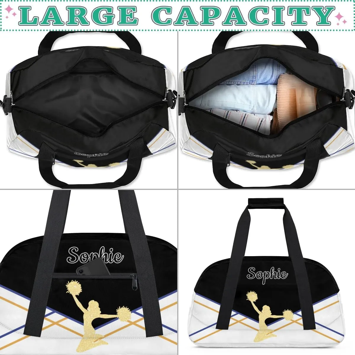 Personalized Cheer Duffel Bags Custom Name Sport Bag, Custom Cheerleader Gym Bag, Customize Travel Duffle Bag, Overnight Weekender Bags, Cheerleading Gifts, White-Black