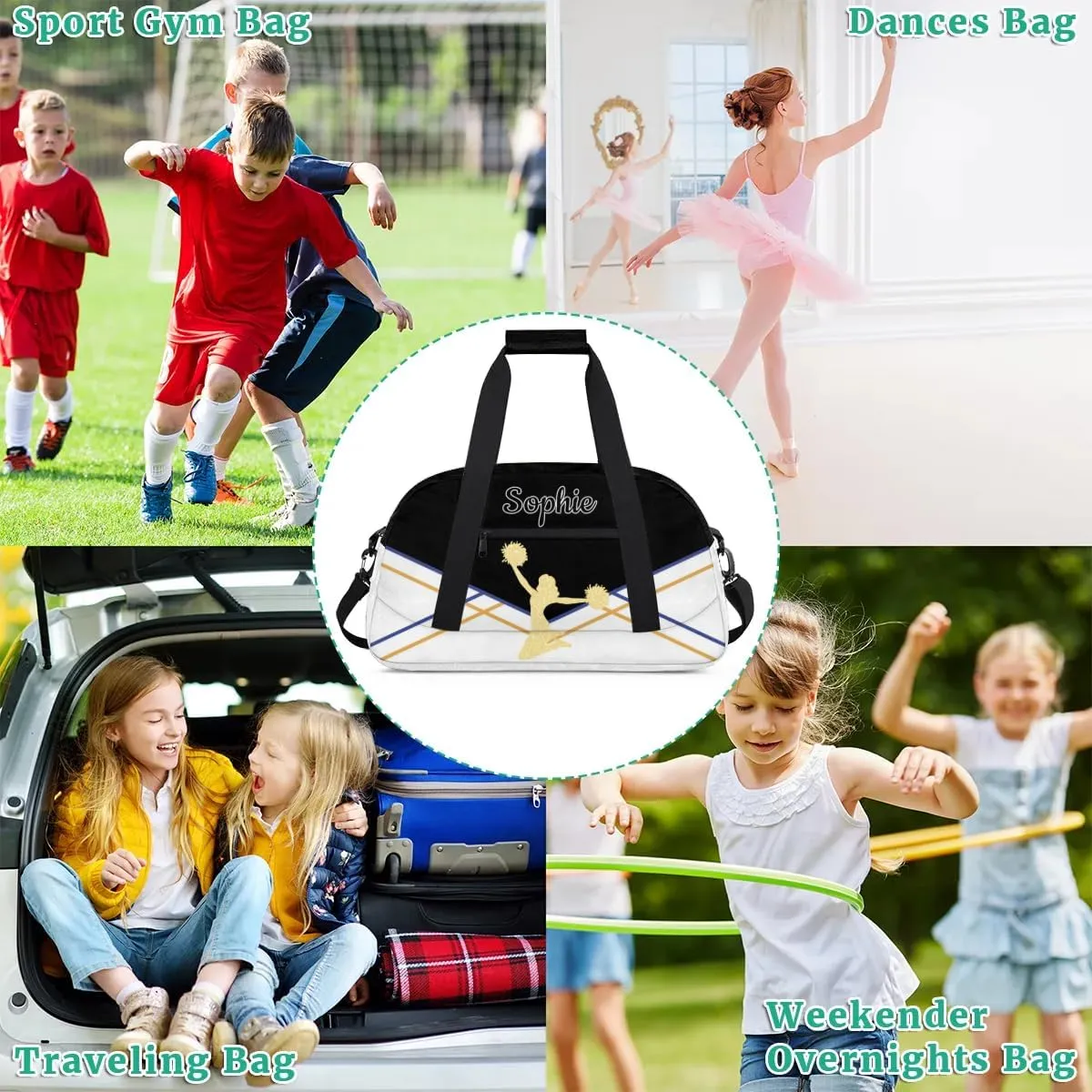 Personalized Cheer Duffel Bags Custom Name Sport Bag, Custom Cheerleader Gym Bag, Customize Travel Duffle Bag, Overnight Weekender Bags, Cheerleading Gifts, White-Black