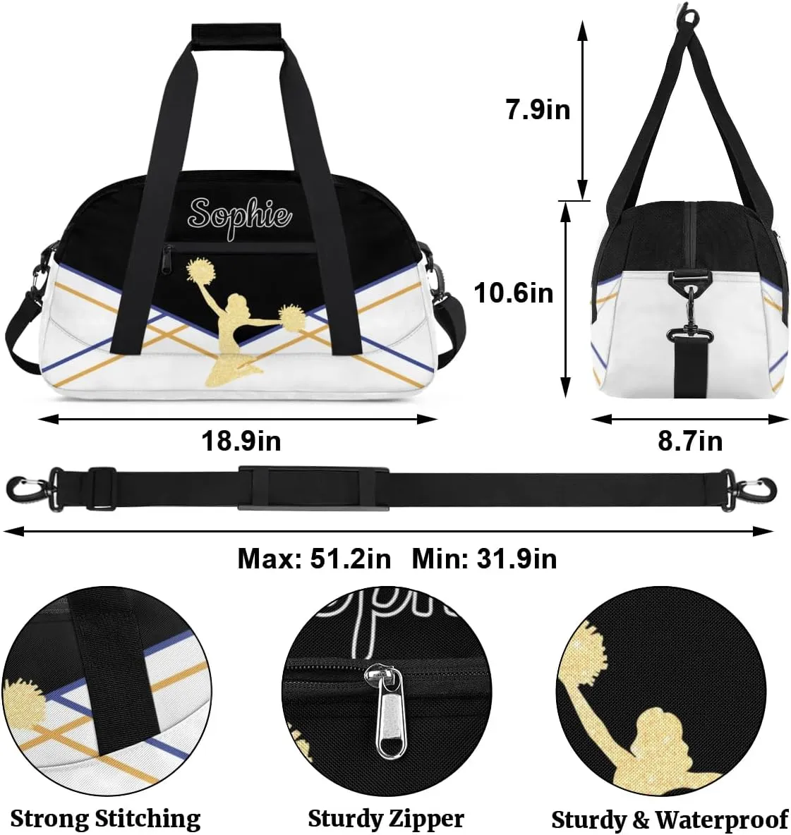 Personalized Cheer Duffel Bags Custom Name Sport Bag, Custom Cheerleader Gym Bag, Customize Travel Duffle Bag, Overnight Weekender Bags, Cheerleading Gifts, White-Black