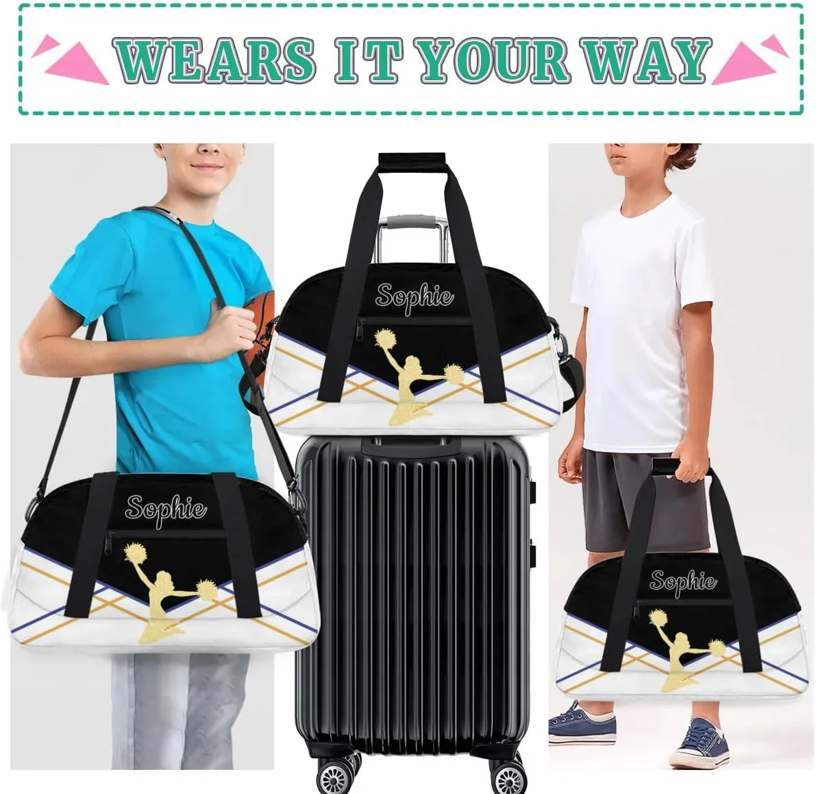 Personalized Cheer Duffel Bags Custom Name Sport Bag, Custom Cheerleader Gym Bag, Customize Travel Duffle Bag, Overnight Weekender Bags, Cheerleading Gifts, White-Black