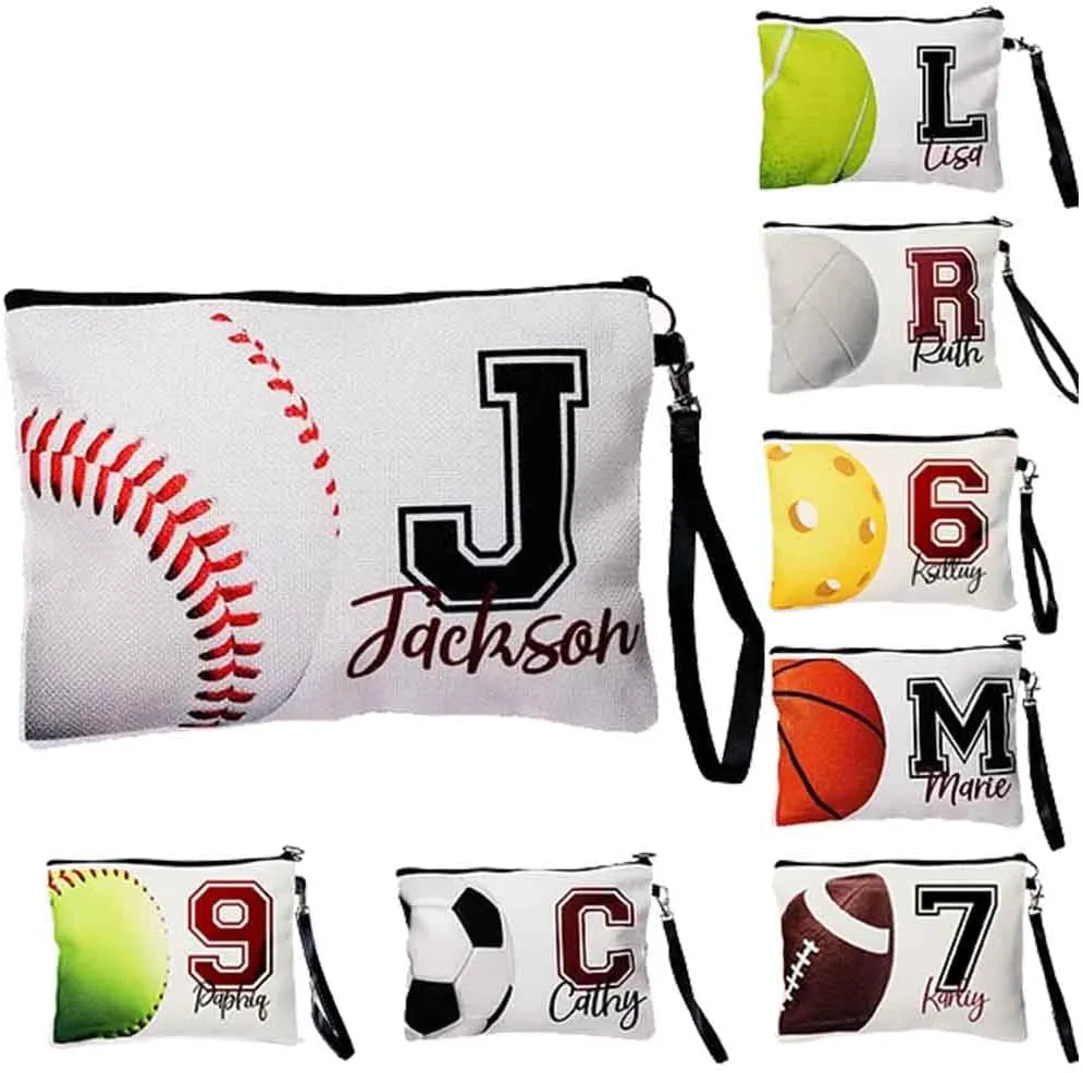 Personalized Cosmetic Bag For Purse Small Make Up Bags For Women Custom Makeup Bag Toiletry Volleyball Baseball Softball Football Basketball Tennis Soccer Pickleball Cricket Ice Hockey Golf