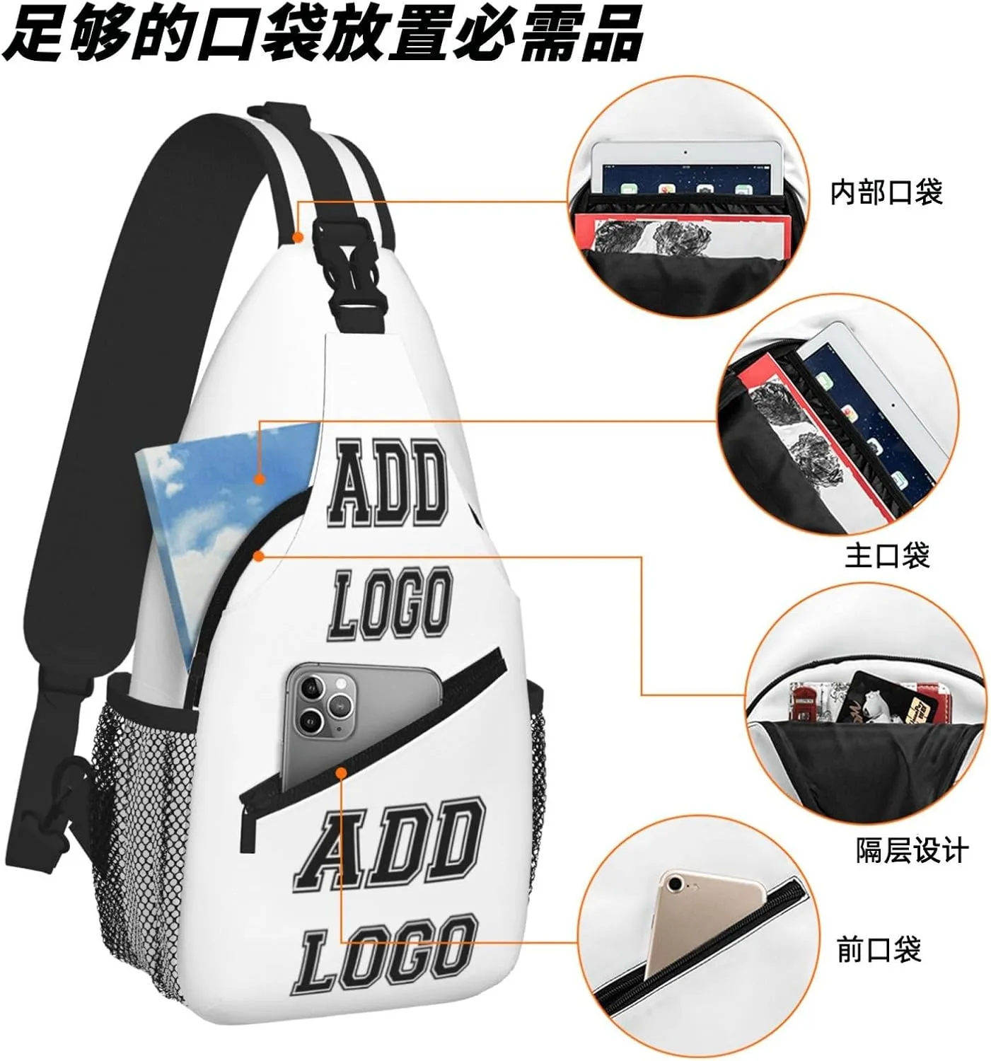 Personalized Custom Chest bags for Women and Men add your Picture Or Text design personalized leisure Sports Crossbody bag White