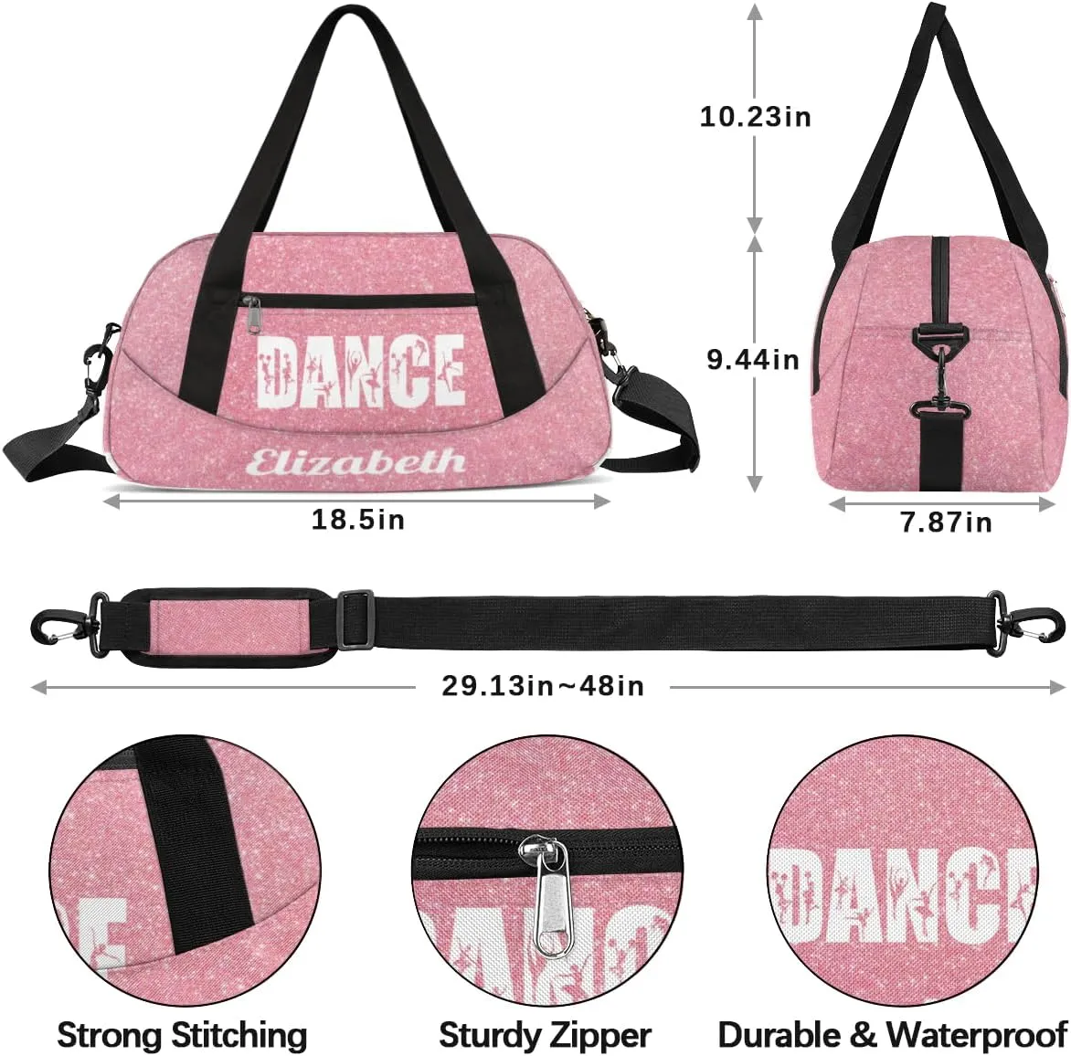 Personalized Custom Girls Dance Bag, Customized Gifts Sports Gym Bag Custom Name Kids Duffel Bags Overnight Weekender Sleepover Carry On Travel Tote Bag for Girls, Rose Golden Glitter Dance