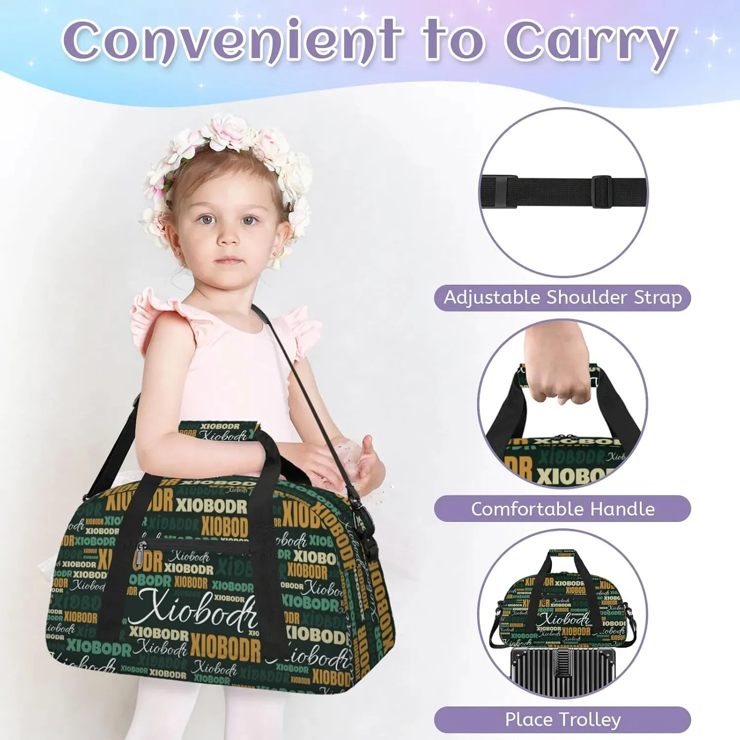 Personalized Cute Duffle Bag - Custom Name Kids Sports Bag, Sleepover Bags for Girls, Lightweight Toddler Boys Overnight Bag for Weekender Travel Cheer Dance Ball Game, Black Brown Green