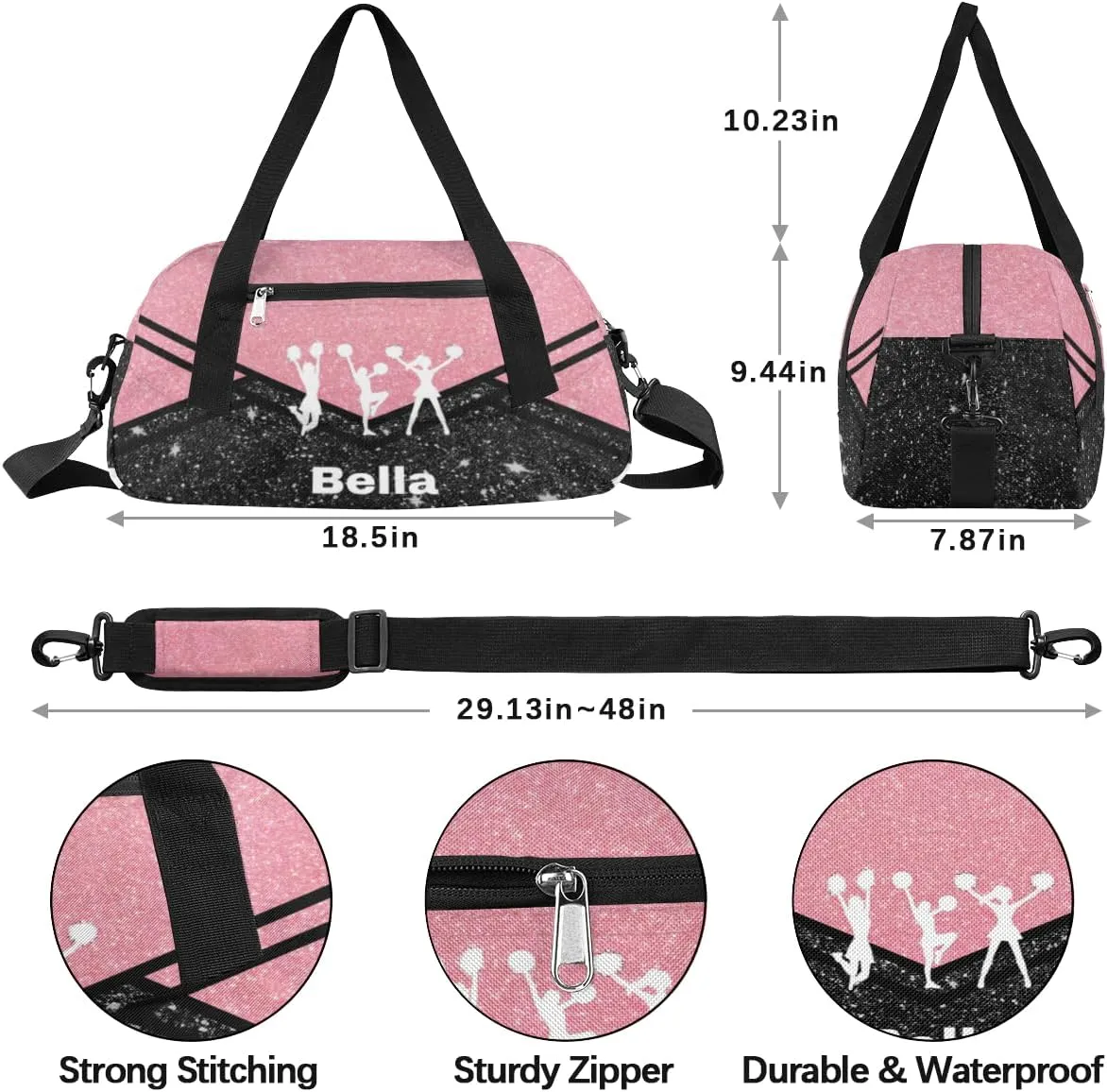 Personalized Dance Bag Cheer Bag for Girls, Personalized Custom Kids Duffle Bags, Customized Sports Gym Bag Weekender Overnight Bag Travel Duffel Bag for Kids, Cheer Dance Rose Golden Black Glitter