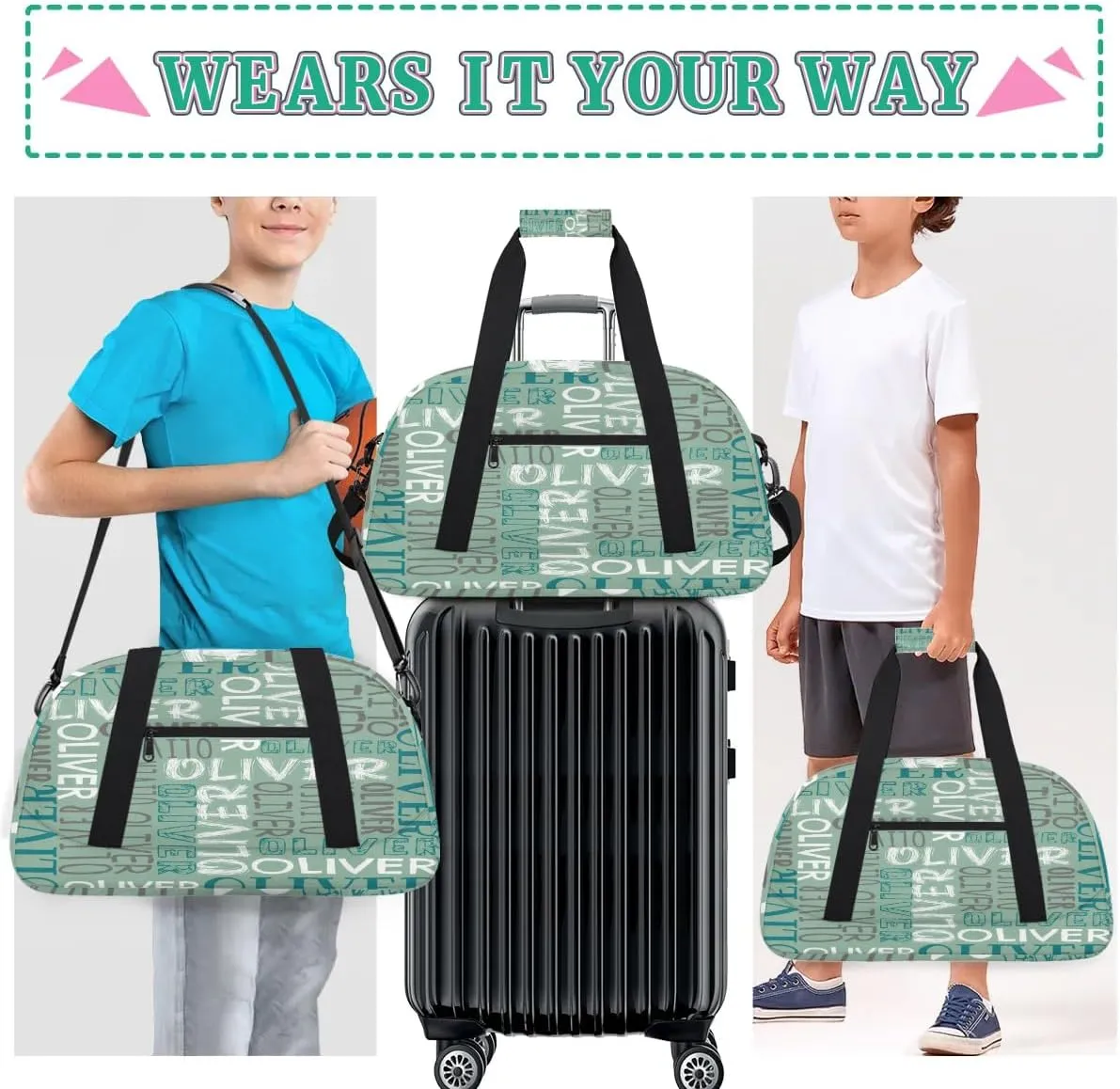 Personalized Dance Bag Duffel Bag for Girl, Custom Sport Gym Bag for Boy, Ballet Bag Weekender Bags Travel Duffel Bag Gift for Kids Blue Green White Text