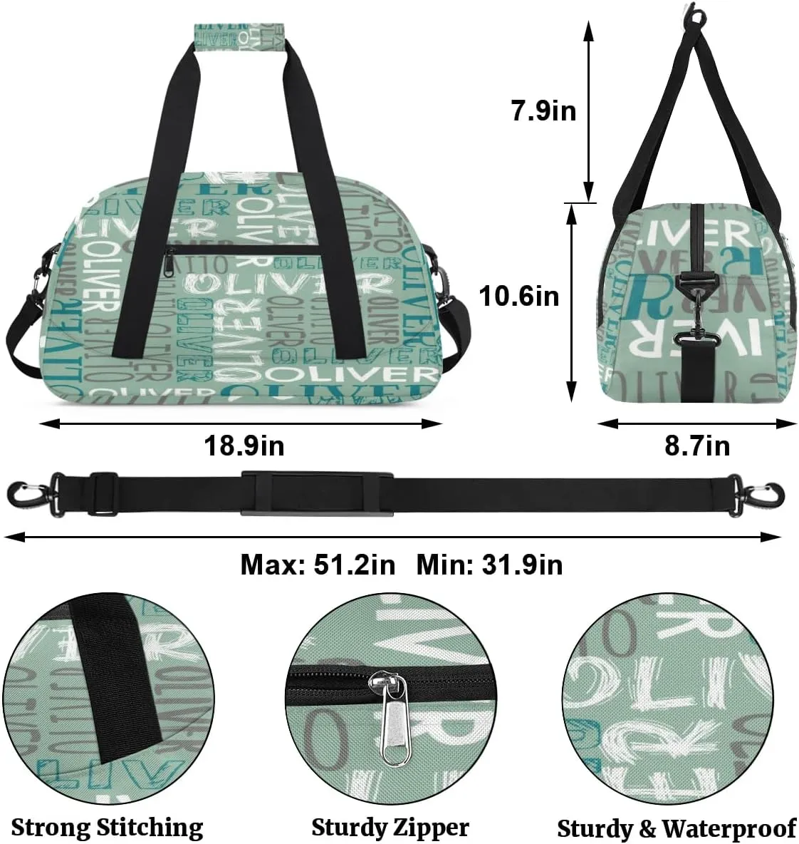 Personalized Dance Bag Duffel Bag for Girl, Custom Sport Gym Bag for Boy, Ballet Bag Weekender Bags Travel Duffel Bag Gift for Kids Blue Green White Text