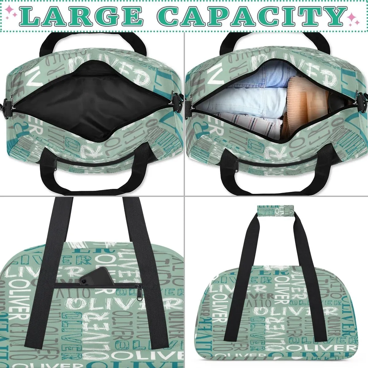 Personalized Dance Bag Duffel Bag for Girl, Custom Sport Gym Bag for Boy, Ballet Bag Weekender Bags Travel Duffel Bag Gift for Kids Blue Green White Text