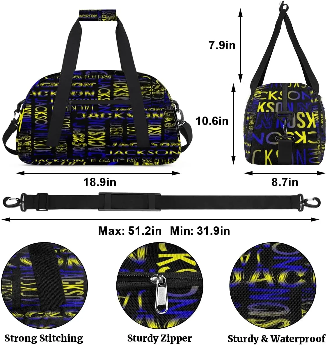Personalized Dance Bag Duffel Bag for Girl, Custom Sport Gym Bag for Boy, Ballet Bag Weekender Bags Travel Duffel Bag Gift for Kids Gradation Blue Yellow Black