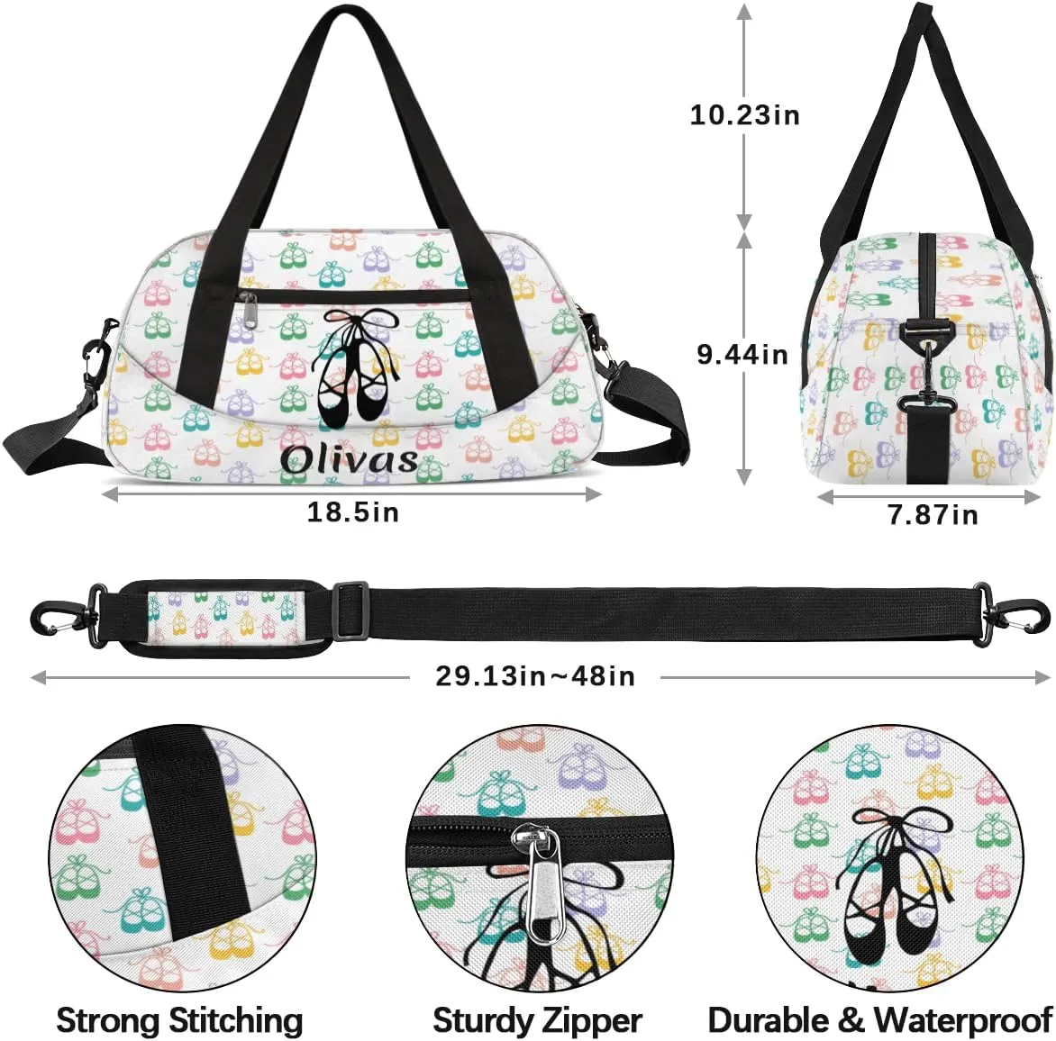 Personalized Dance Bag Gym Bag for Girl, Custom Sport Duffel Bag Weekender Bags Travel Duffel Bag Colorful Cute Ballet Shoes
