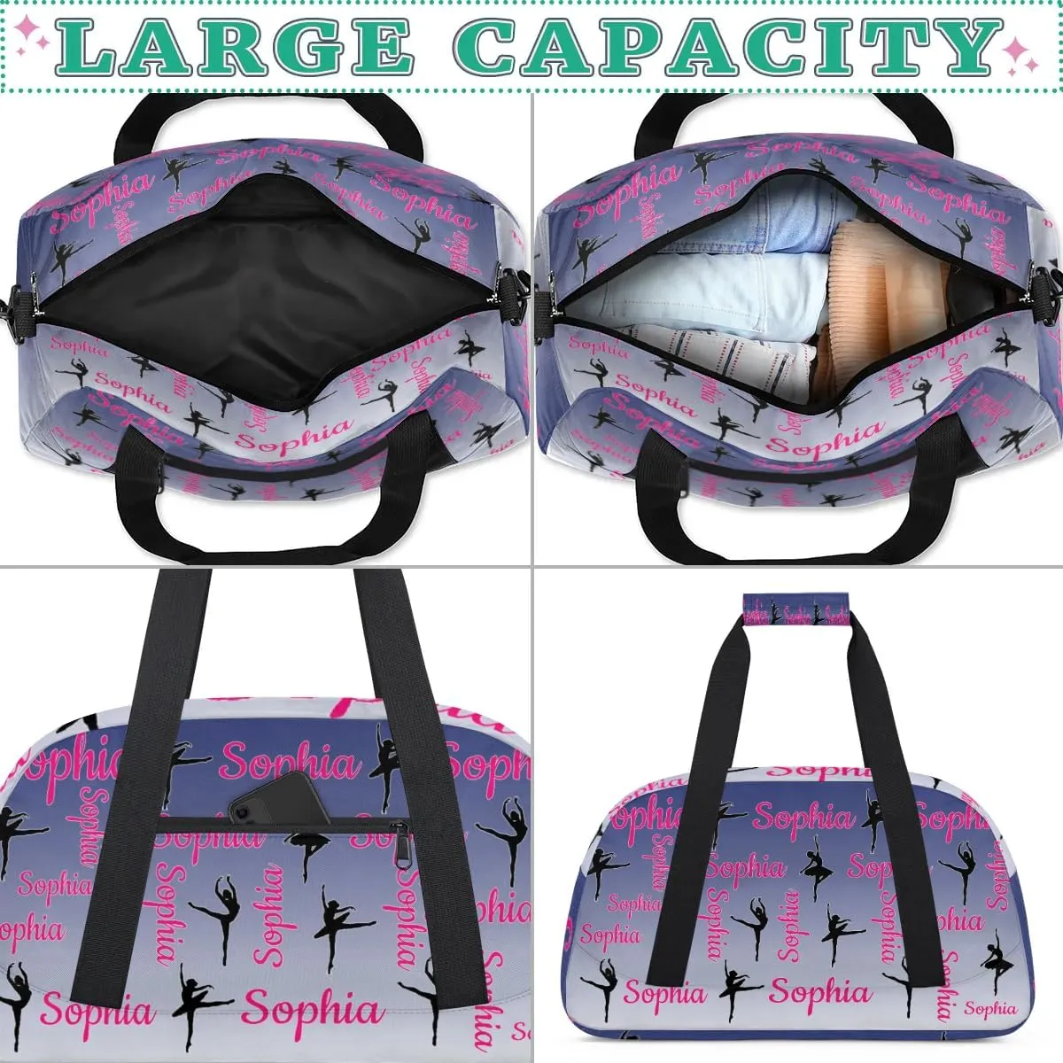 Personalized Dance Gymnastics Bags, Custom Name Duffel Bag Cheer Bags, Custom Sport Duffel Gym Bag Travel Weekender Bags Cobalt Blue Gradient