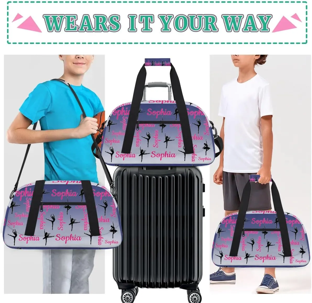 Personalized Dance Gymnastics Bags, Custom Name Duffel Bag Cheer Bags, Custom Sport Duffel Gym Bag Travel Weekender Bags Cobalt Blue Gradient