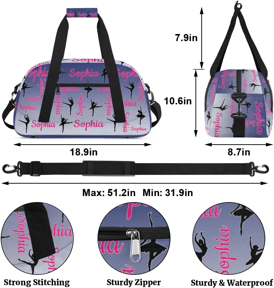 Personalized Dance Gymnastics Bags, Custom Name Duffel Bag Cheer Bags, Custom Sport Duffel Gym Bag Travel Weekender Bags Cobalt Blue Gradient