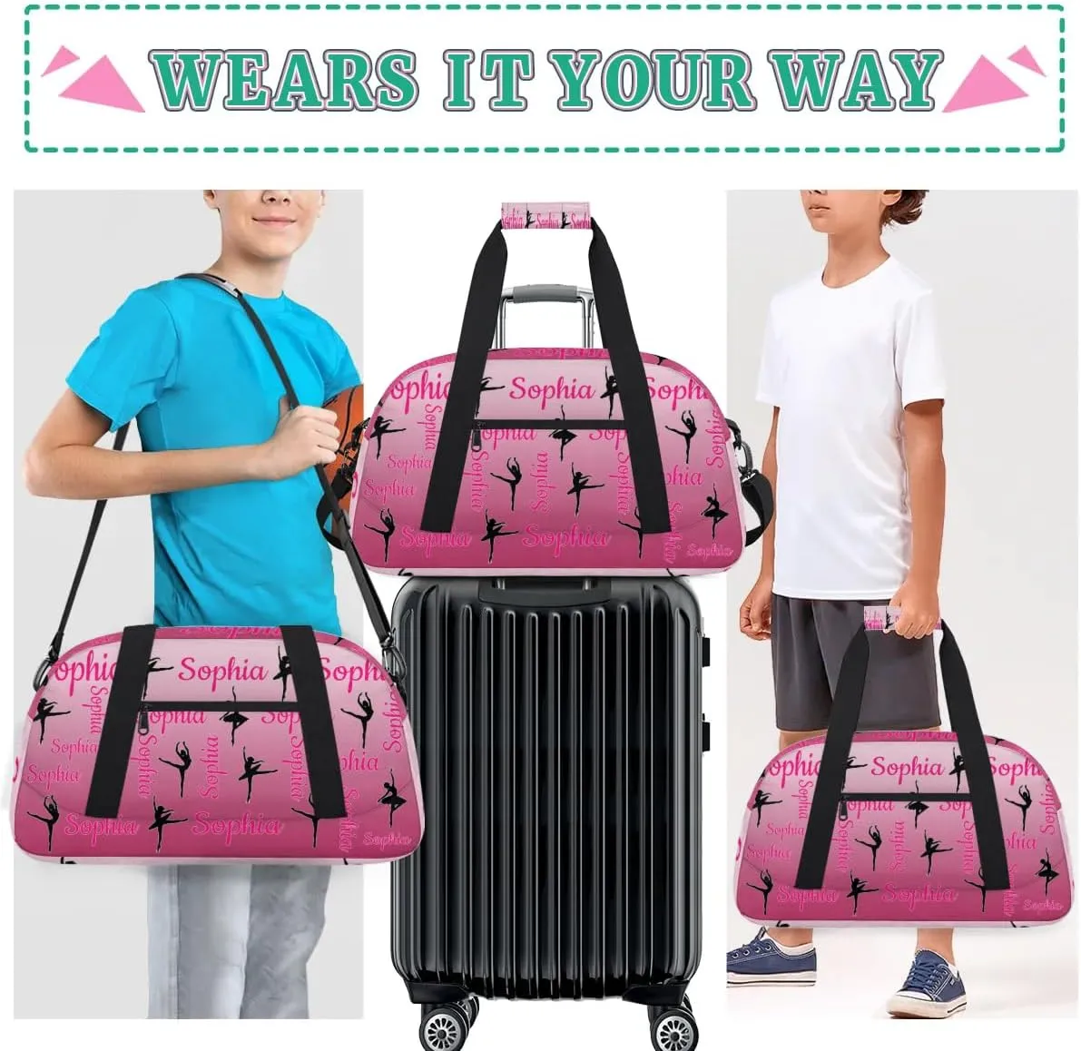 Personalized Dance Gymnastics Bags, Custom Name Duffel Bag Cheer Bags, Custom Sport Duffel Gym Bag Travel Weekender Bags Dark Pink Gradient