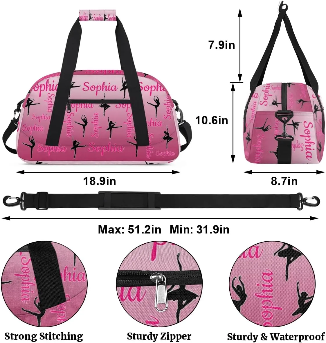 Personalized Dance Gymnastics Bags, Custom Name Duffel Bag Cheer Bags, Custom Sport Duffel Gym Bag Travel Weekender Bags Dark Pink Gradient