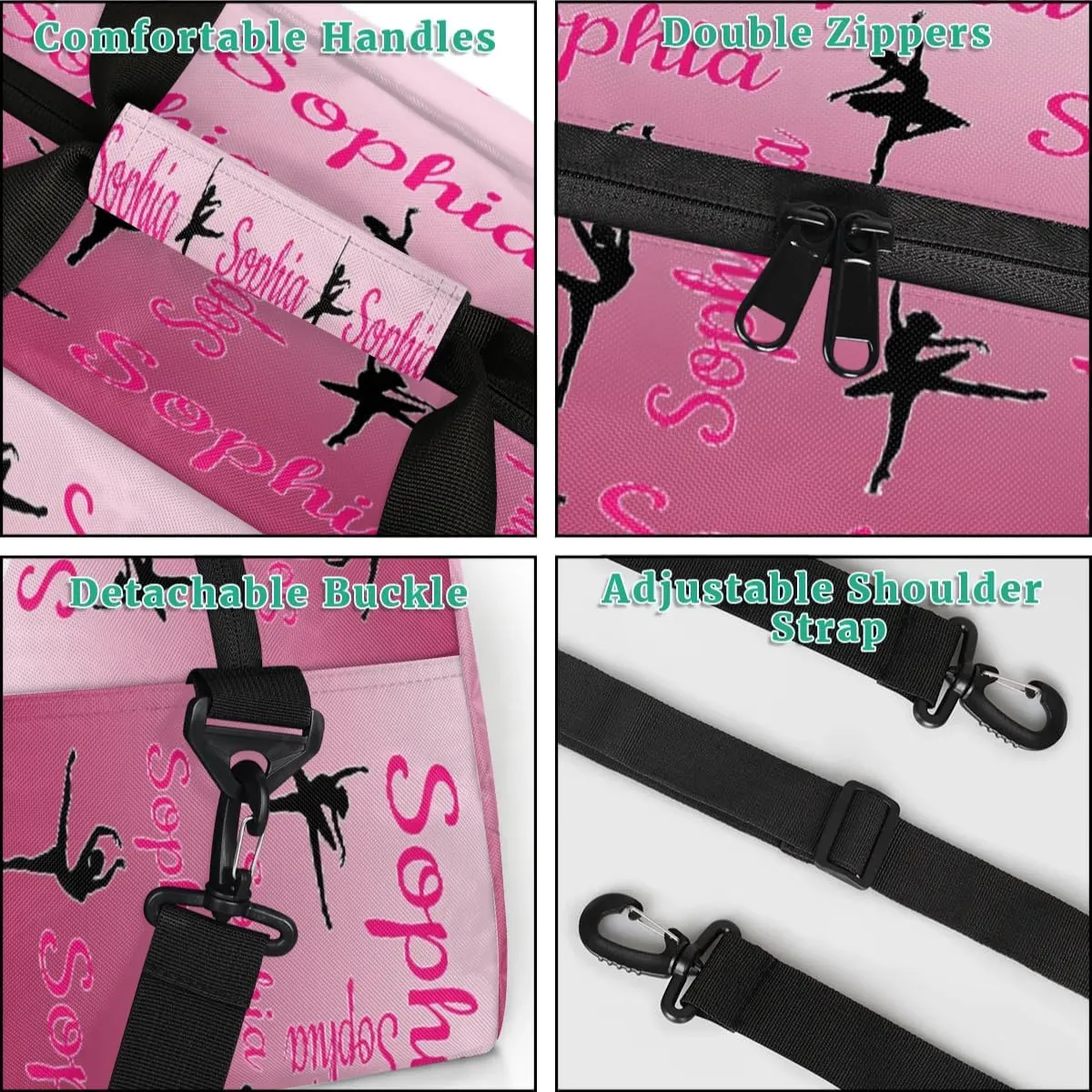 Personalized Dance Gymnastics Bags, Custom Name Duffel Bag Cheer Bags, Custom Sport Duffel Gym Bag Travel Weekender Bags Dark Pink Gradient