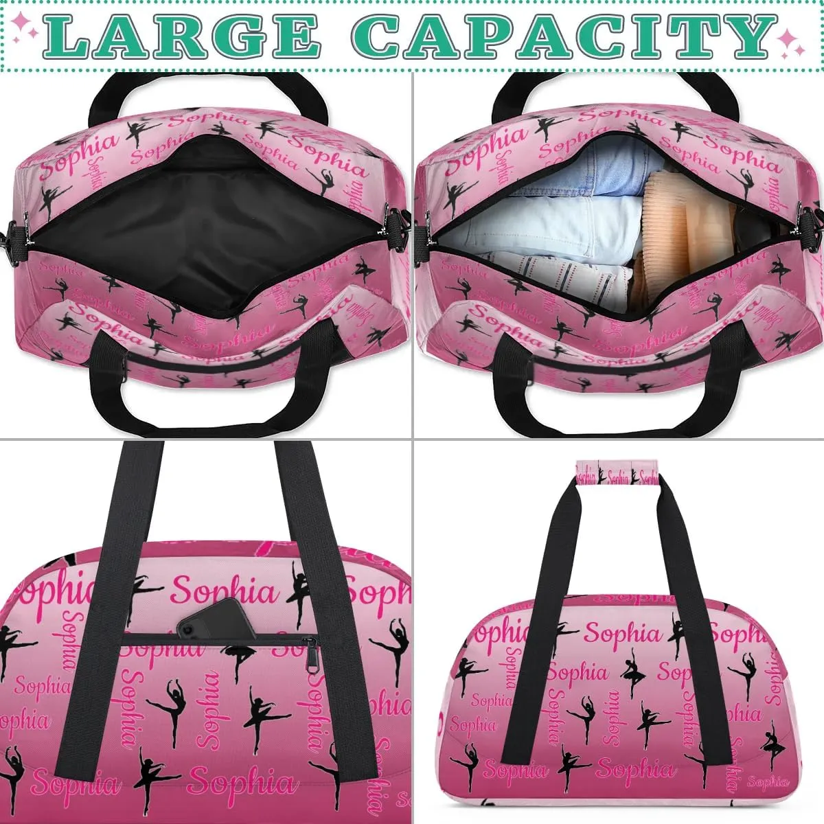 Personalized Dance Gymnastics Bags, Custom Name Duffel Bag Cheer Bags, Custom Sport Duffel Gym Bag Travel Weekender Bags Dark Pink Gradient