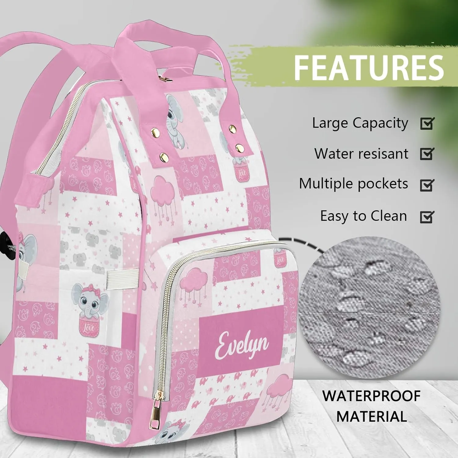 Personalized Diaper Bag Backpack Tote,Elephant Pink Qulit, Custom Diaper Bags for Shower Gift