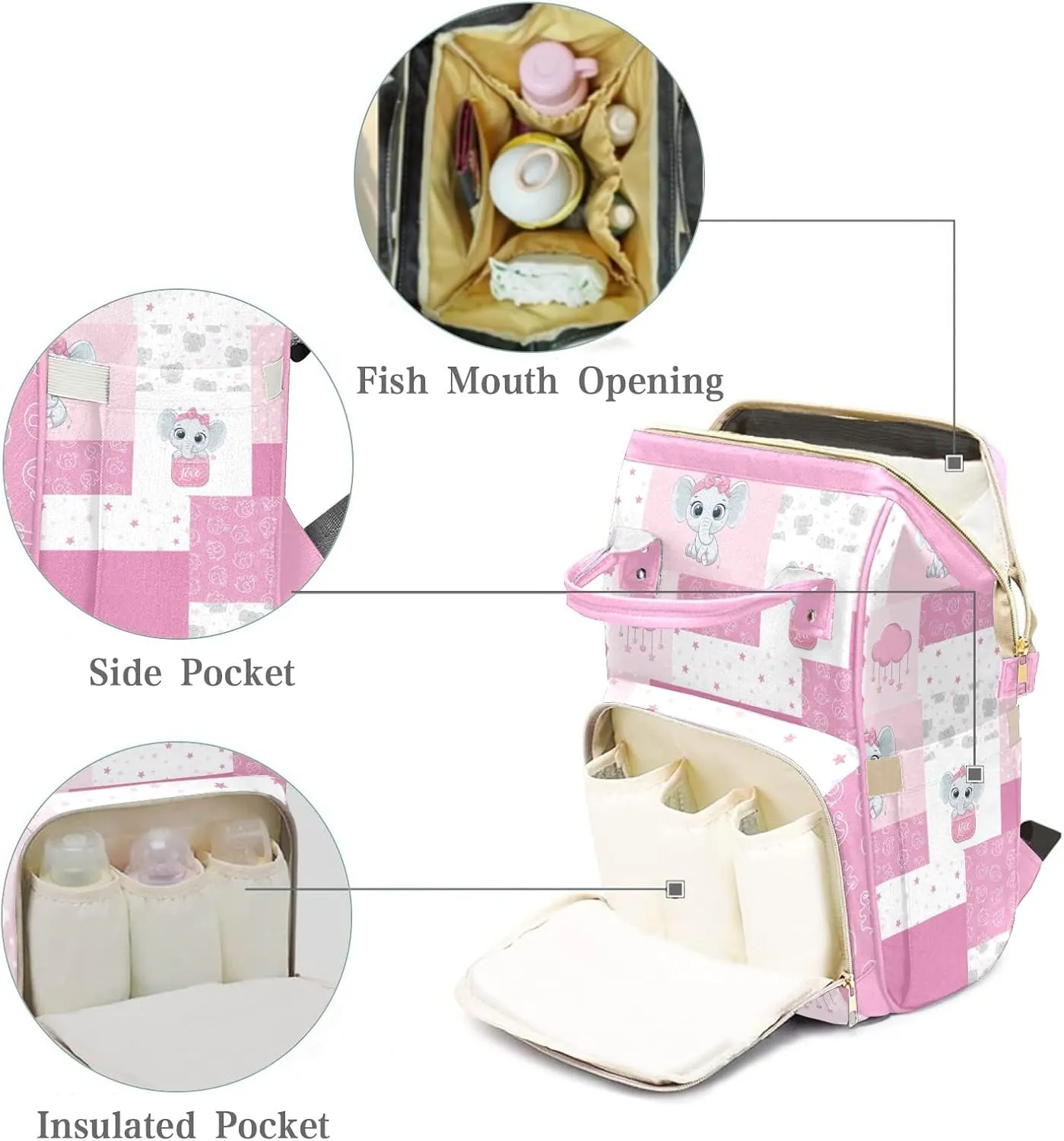 Personalized Diaper Bag Backpack Tote,Elephant Pink Qulit, Custom Diaper Bags for Shower Gift