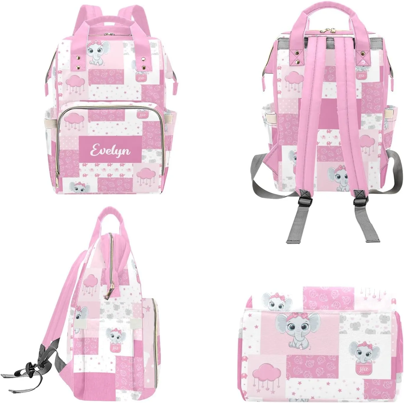 Personalized Diaper Bag Backpack Tote,Elephant Pink Qulit, Custom Diaper Bags for Shower Gift
