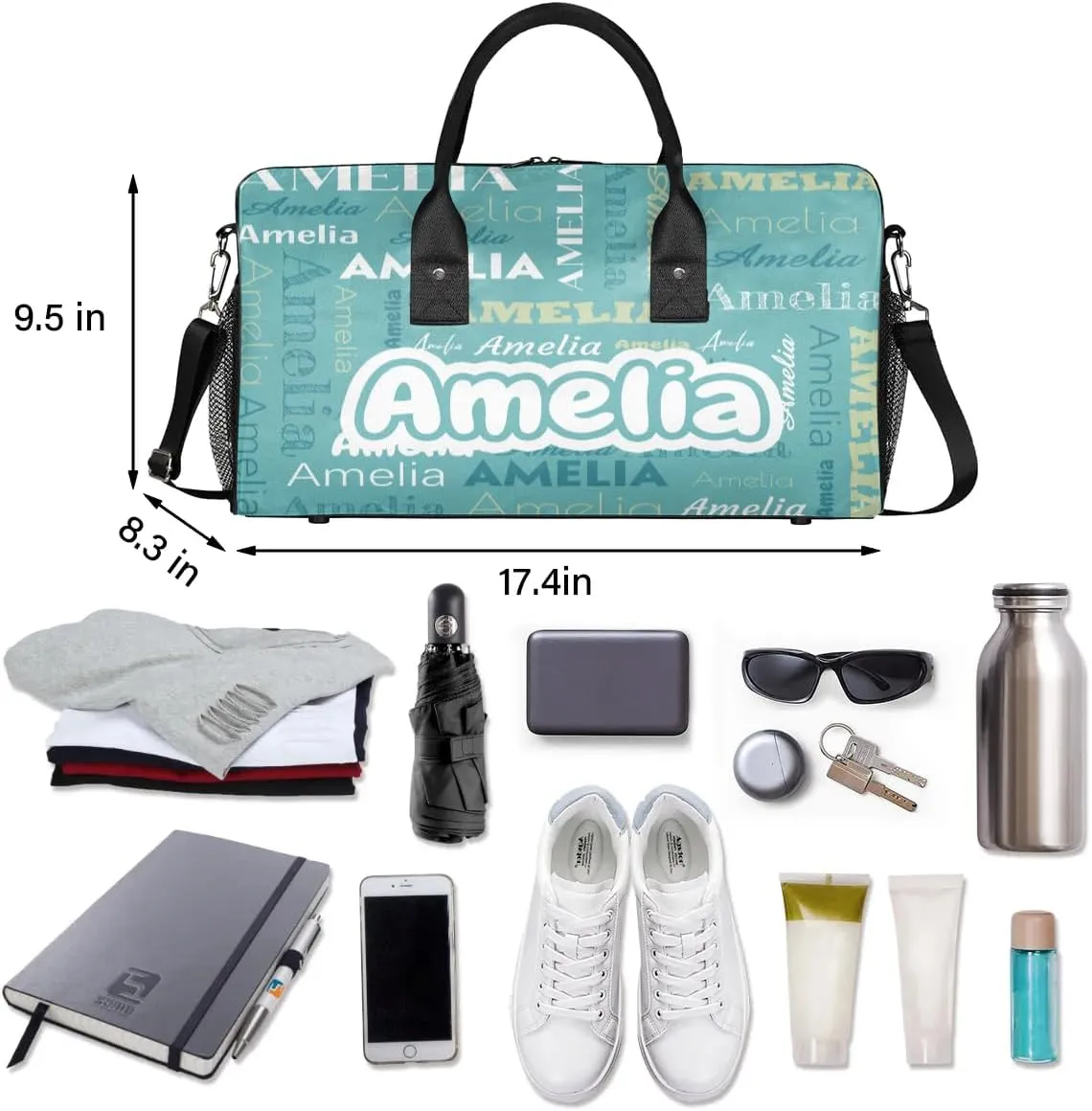 Personalized Duffel Bags Overnight Bag with Name Lightweight Travel Daycare Bag for Sleepover Weekender Bag Women Men Custom Text Gifts Cyan