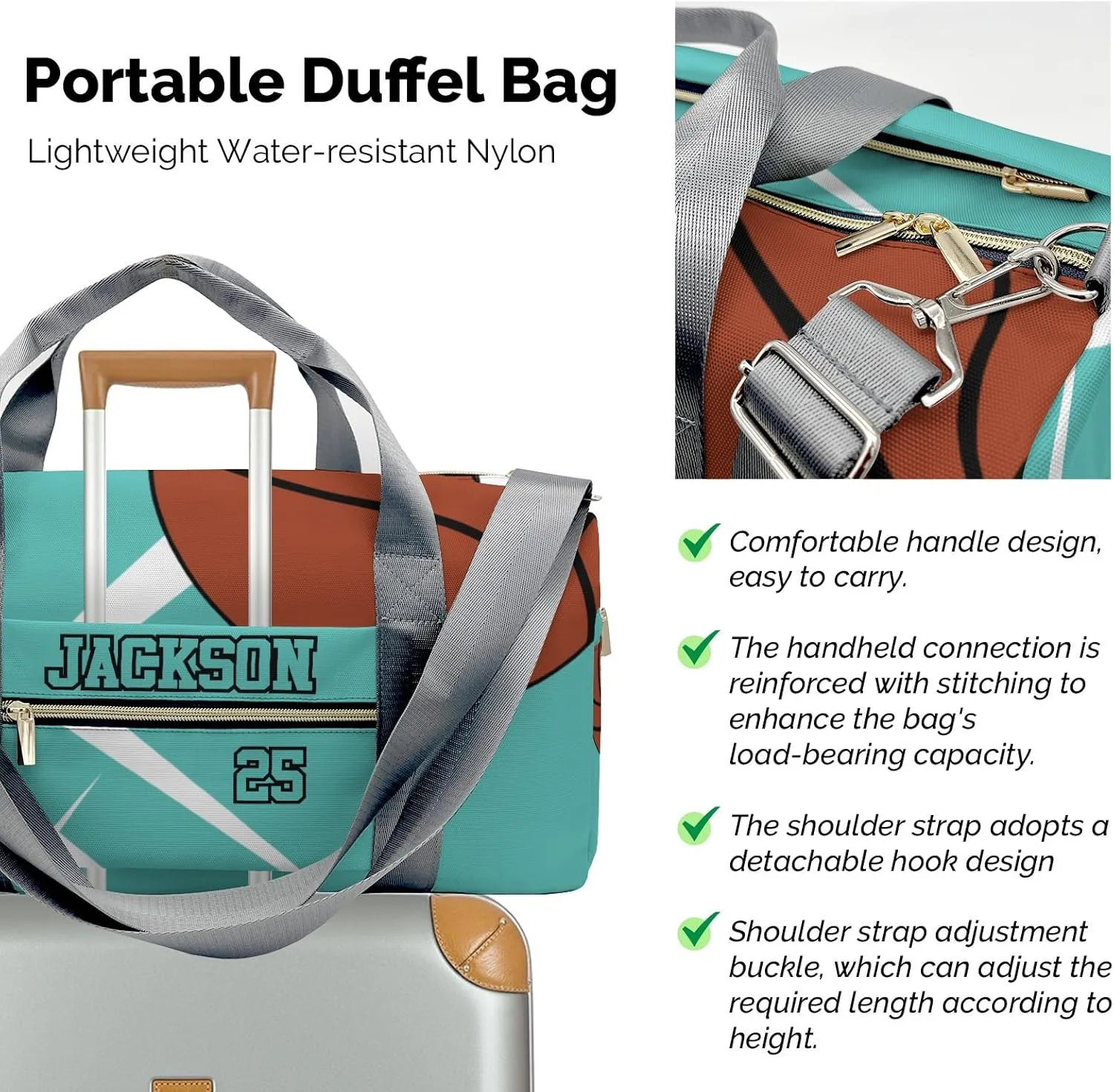 Personalized Duffle Bag with Name,Sport Basketball Player Team Aqua Custom Travel Bag Carry On Weekend Overnight Bag Gym Sports Bag Dance Bag