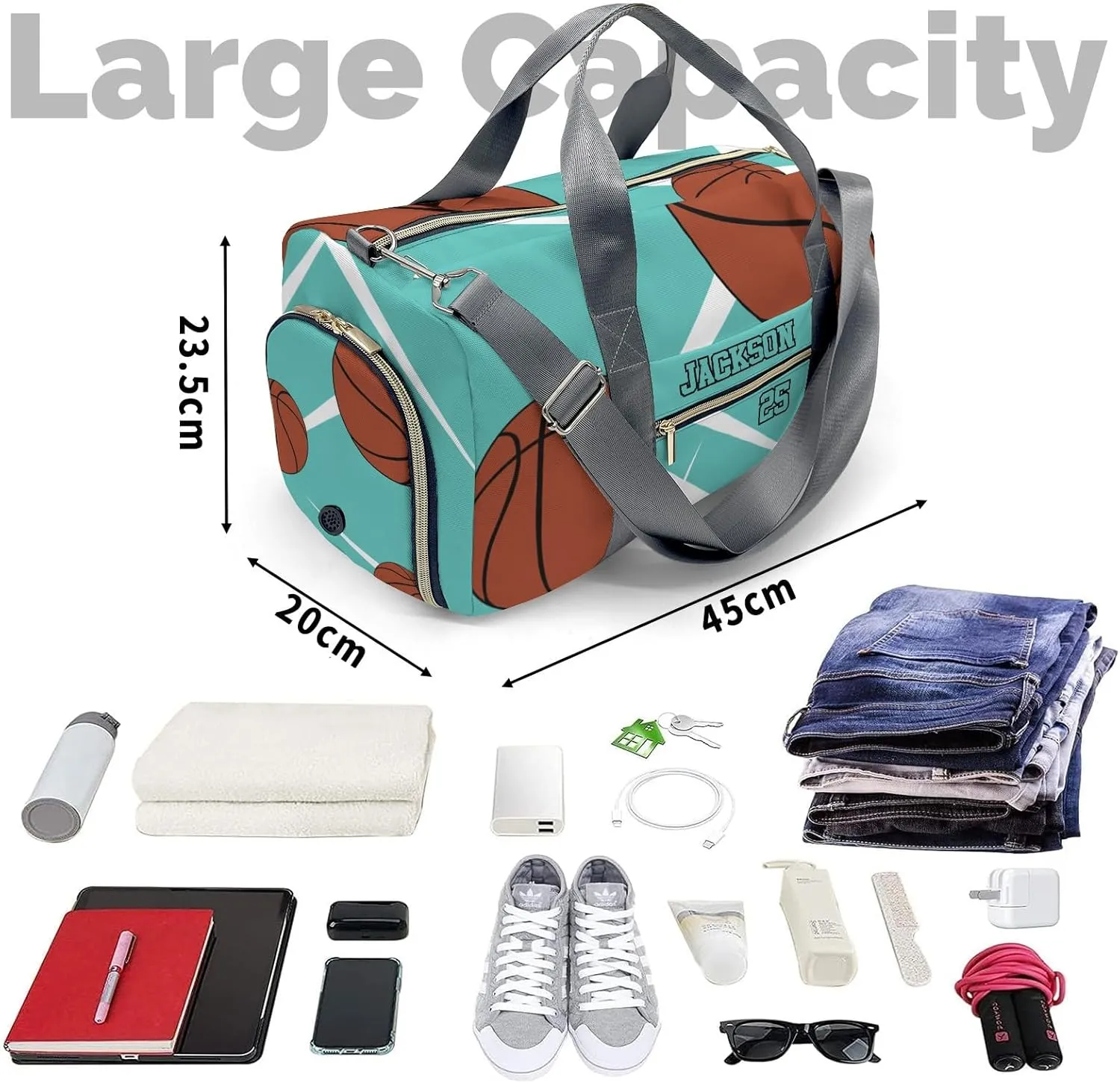 Personalized Duffle Bag with Name,Sport Basketball Player Team Aqua Custom Travel Bag Carry On Weekend Overnight Bag Gym Sports Bag Dance Bag