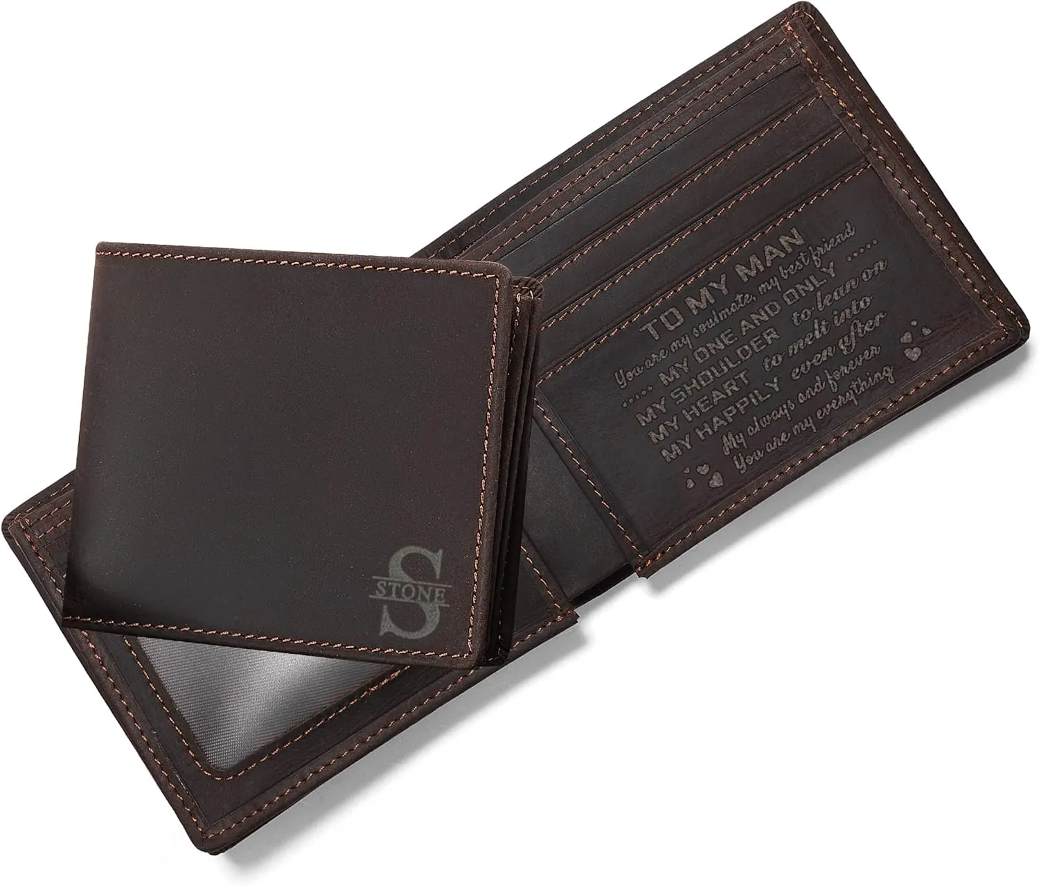 Personalized Engraved Leather Wallet for Dad Son Husband Boyfriend - Custom Logo Name Men Bifold Purse with Love Message - Fathers Day Birthday Valentines Christmas Anniversary Graduation Wedding Gift