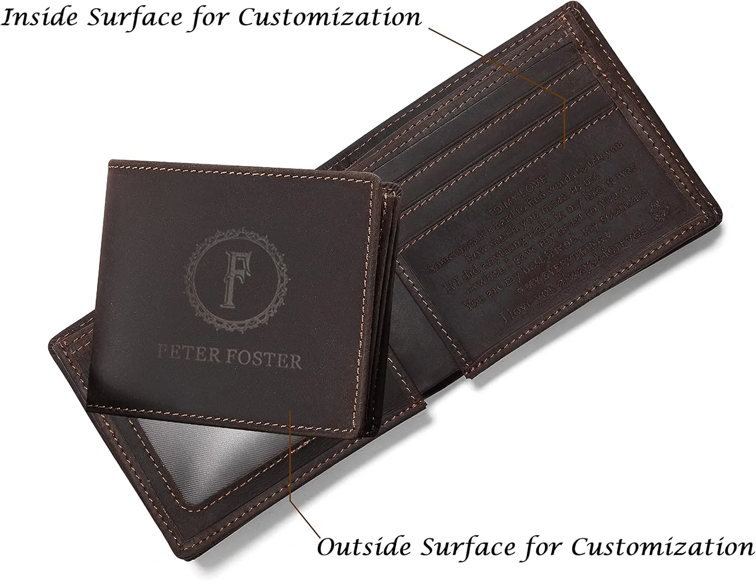 Personalized Engraved Leather Wallet for Dad Son Husband Boyfriend - Custom Logo Name Men Bifold Purse with Love Message - Fathers Day Birthday Valentines Christmas Anniversary Graduation Wedding Gift