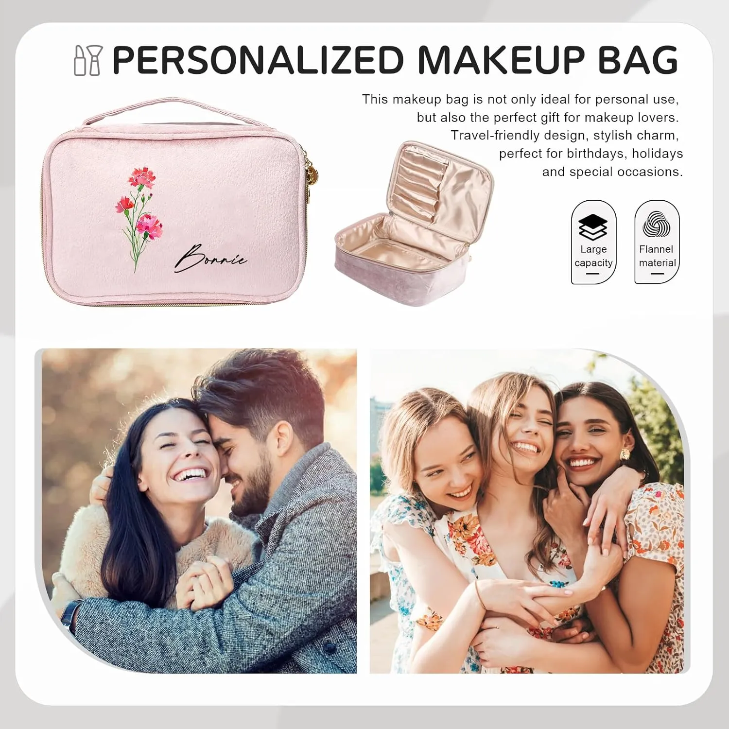 Personalized Gifts for Women Custom Makeup Bag for Women Personalized Cosmetic Bags with Birth Flower Name Large Capacity Travel Makeup Bags Organizer Gifts for Mom Daughter Bridesmaid (Style 1)