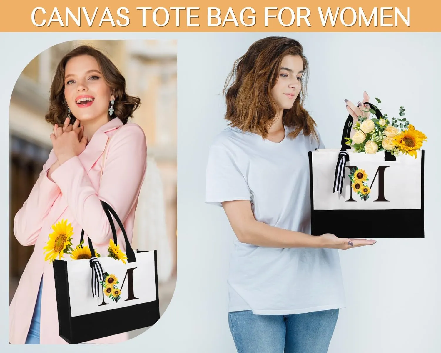 Personalized Gifts for Women: Monogrammed Canvas Tote Bag, Makeup Bag & Glass Cup (Sunflower, Mom, Sister, Best Friends)