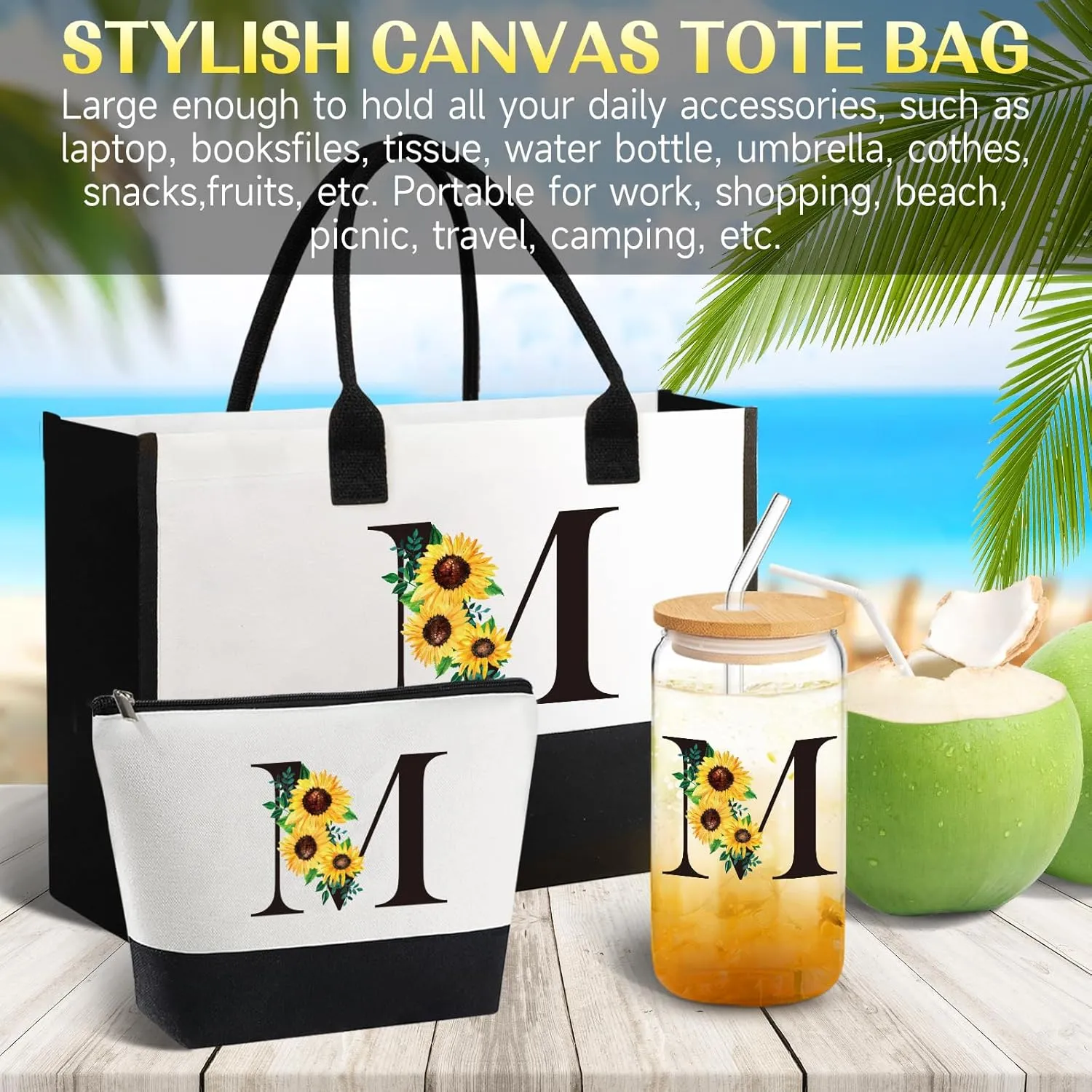 Personalized Gifts for Women: Monogrammed Canvas Tote Bag, Makeup Bag & Glass Cup (Sunflower, Mom, Sister, Best Friends)