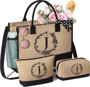 Personalized Gifts for Women Tote Bag, Initial Jute Tote Bag & Makeup Bags Monogrammed Beach Bag w/ Zipper, Birthday Gifts Mothers Day Gifts for Mom Women Her Friend Sister Wife Grandma Teacher Nurse