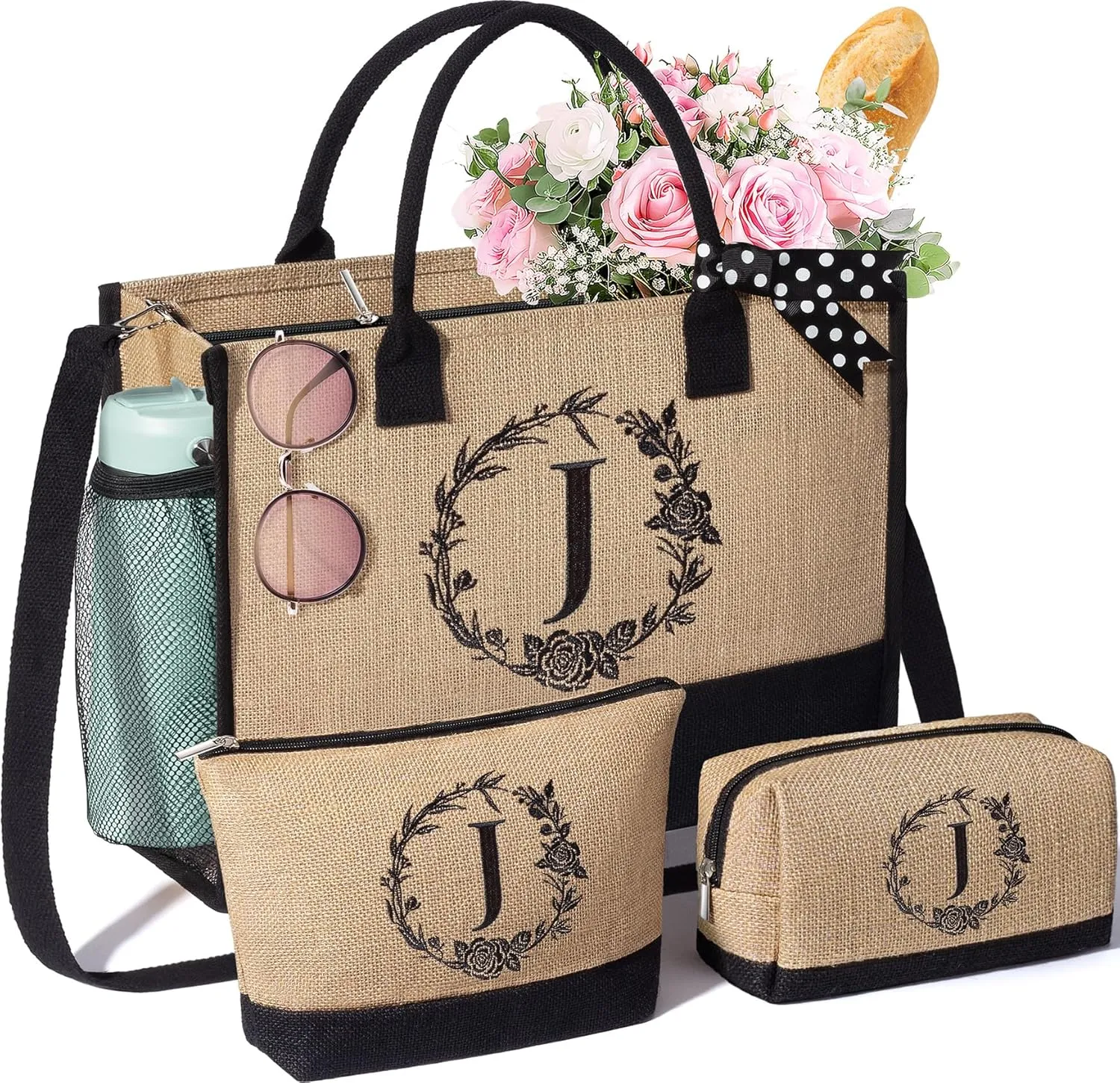 Personalized Gifts for Women Tote Bag, Initial Jute Tote Bag & Makeup Bags Monogrammed Beach Bag w/ Zipper, Birthday Gifts Mothers Day Gifts for Mom Women Her Friend Sister Wife Grandma Teacher Nurse