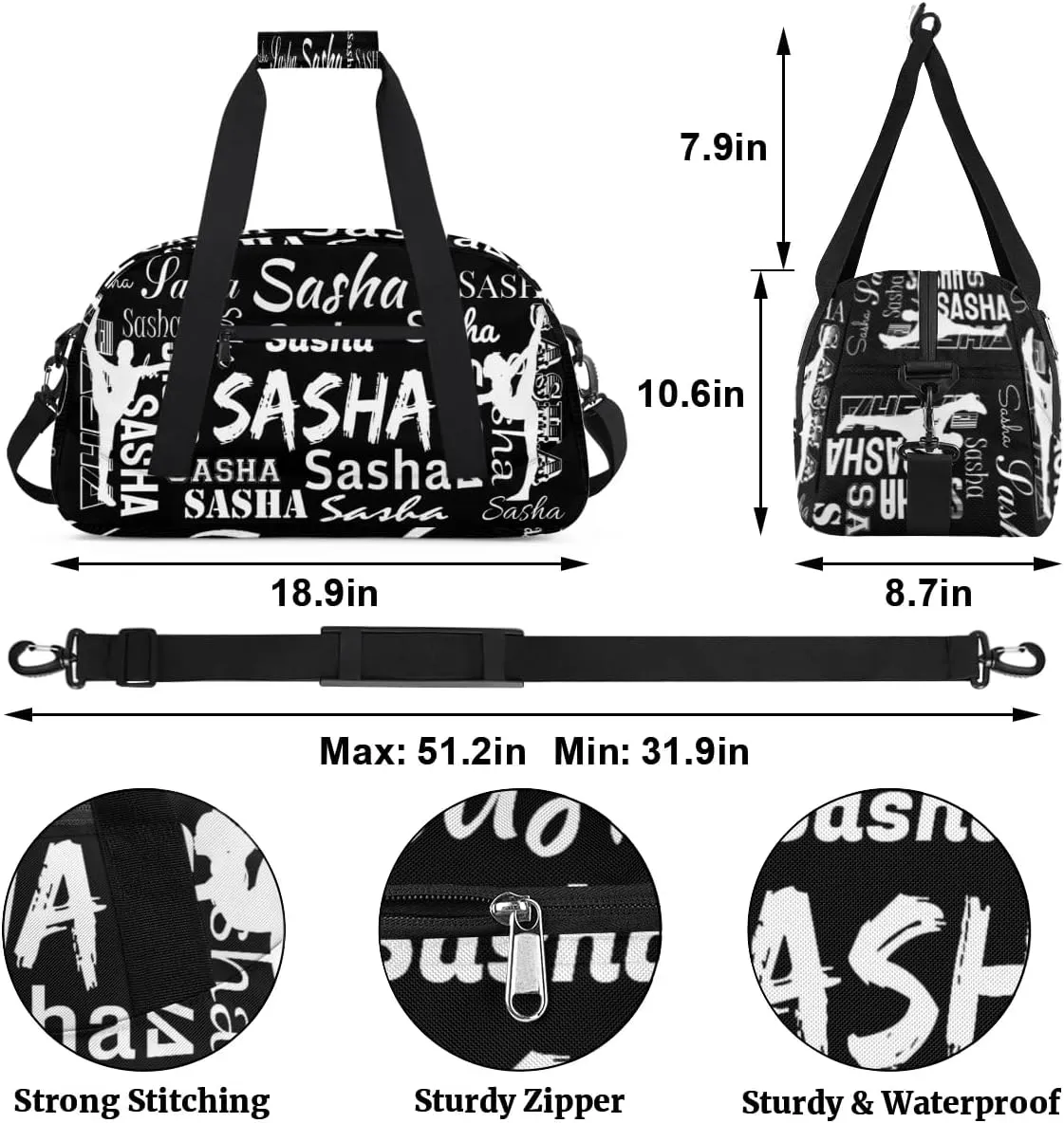 Personalized Gymnastics Bags, Custom Name Sport Duffel Bag Cheer Gymnastics Bags, Custom Gymnastics Silhouette Travel Overnight Weekender Bags, Black Bag