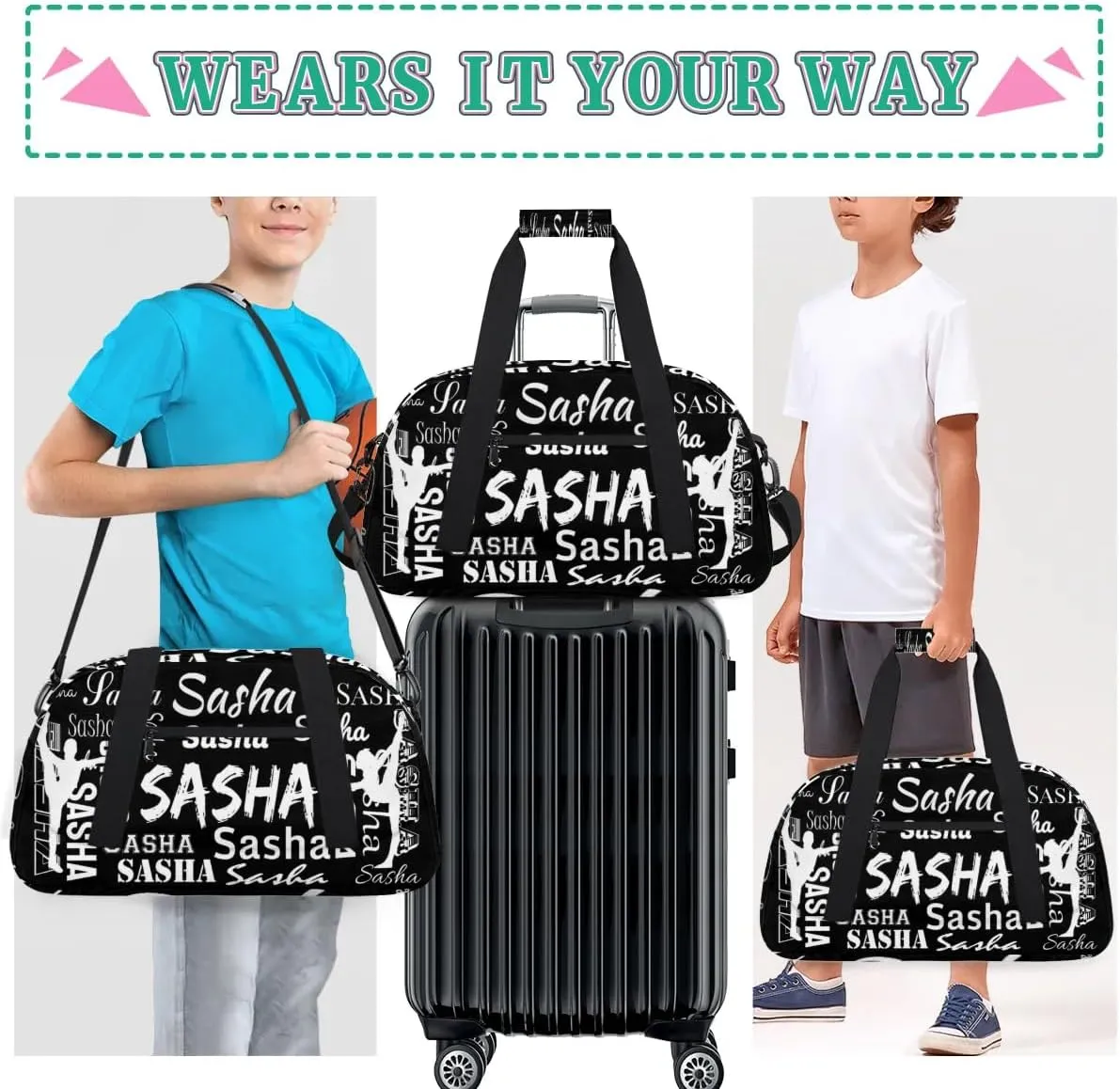 Personalized Gymnastics Bags, Custom Name Sport Duffel Bag Cheer Gymnastics Bags, Custom Gymnastics Silhouette Travel Overnight Weekender Bags, Black Bag