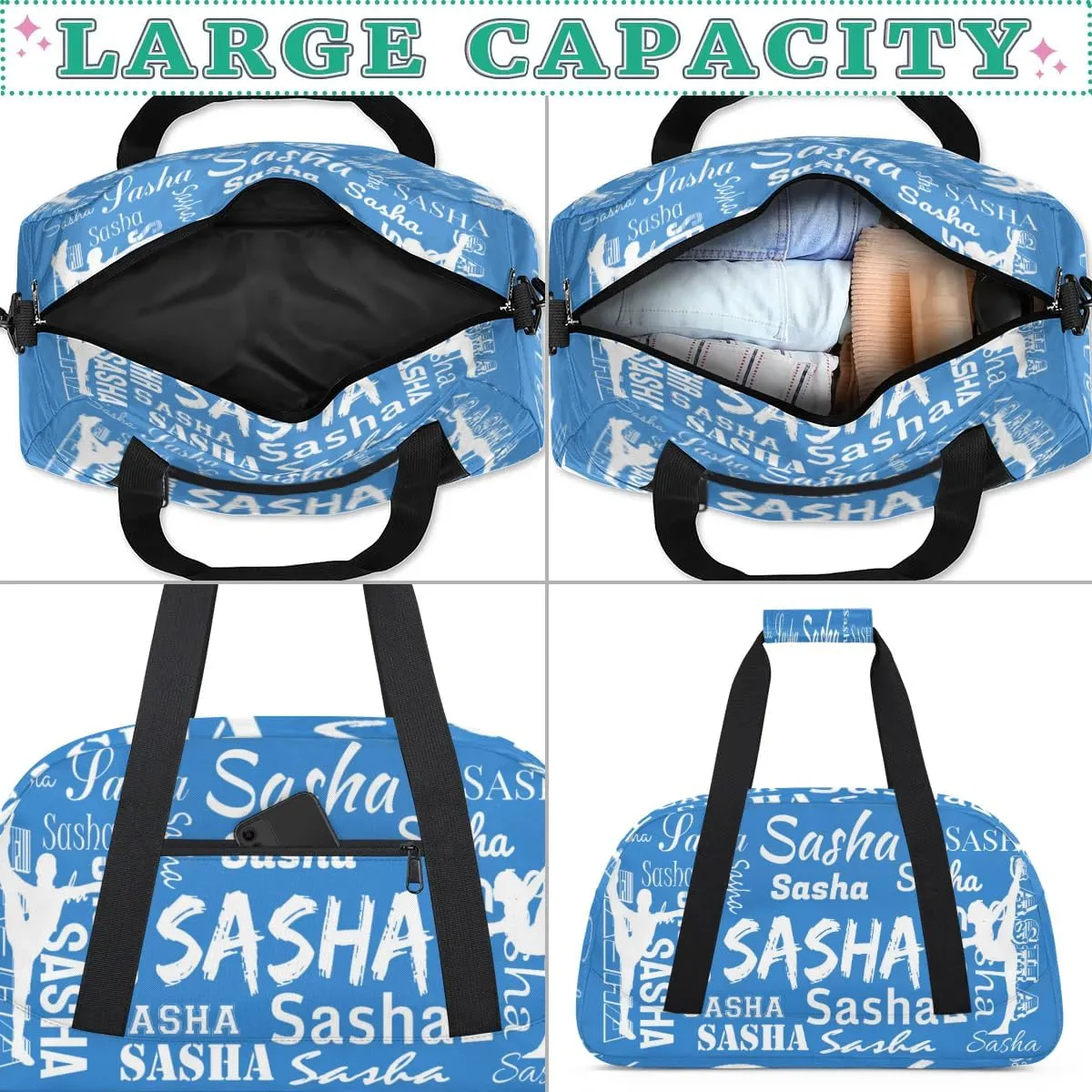 Personalized Gymnastics Bags, Custom Name Sport Duffel Bag Cheer Gymnastics Bags, Custom Gymnastics Silhouette Travel Overnight Weekender Bags, Blue Bag